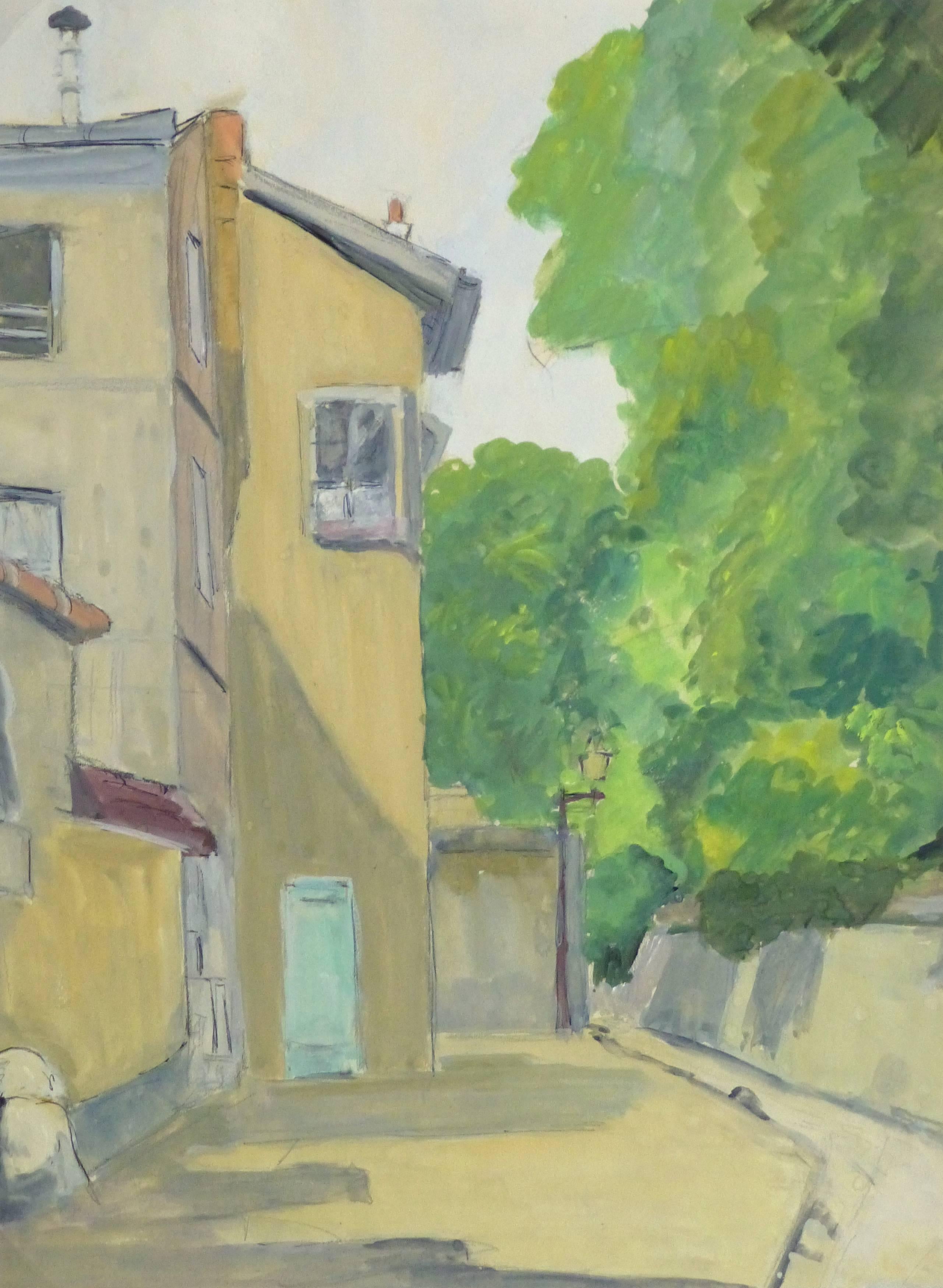 André Poirrier Landscape Painting - French Gouache - Paris Montmartre Alleyway