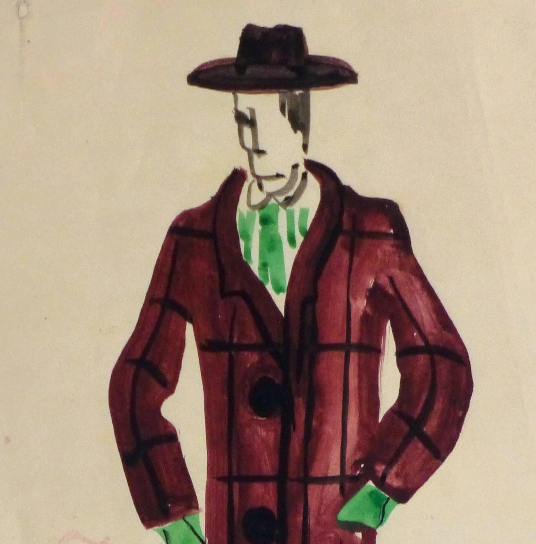 French Theater Costume Sketch - Plaid Coat - Painting by Unknown