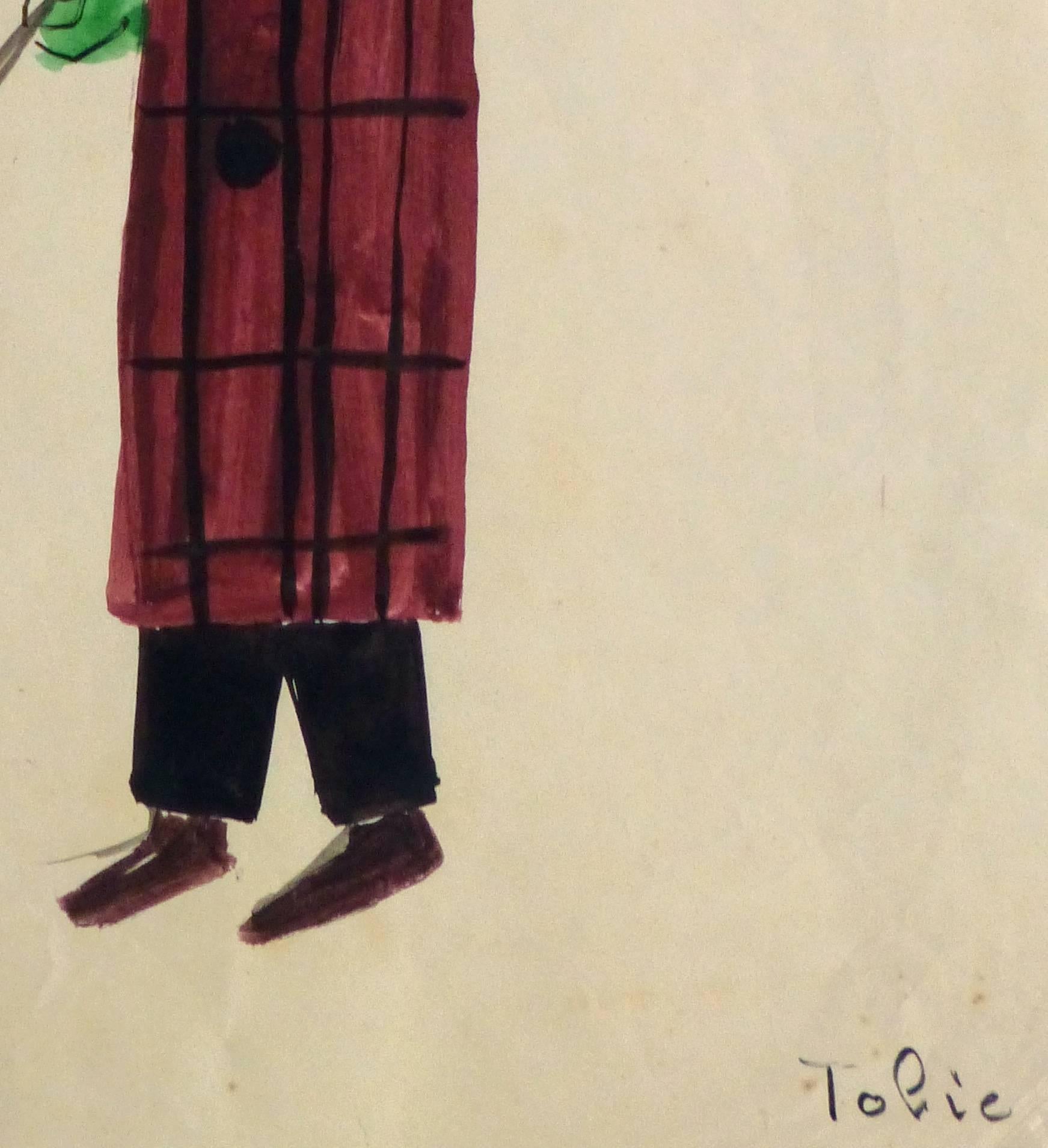 French Theater Costume Sketch - Plaid Coat - Beige Figurative Painting by Unknown