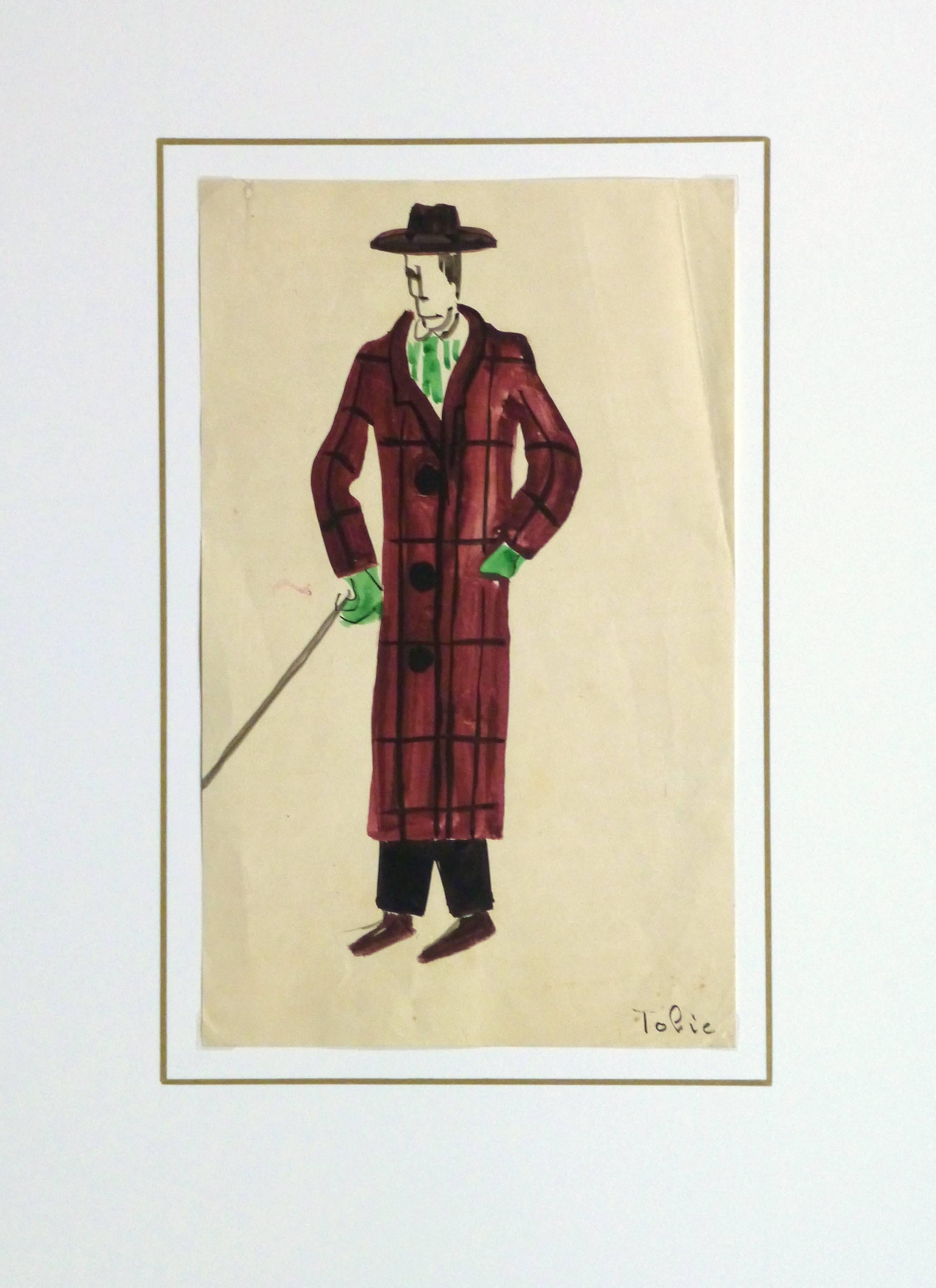 Boldly hued gouache sketch of a male character's costume for a Parisian theater, circa 1920. Reads 