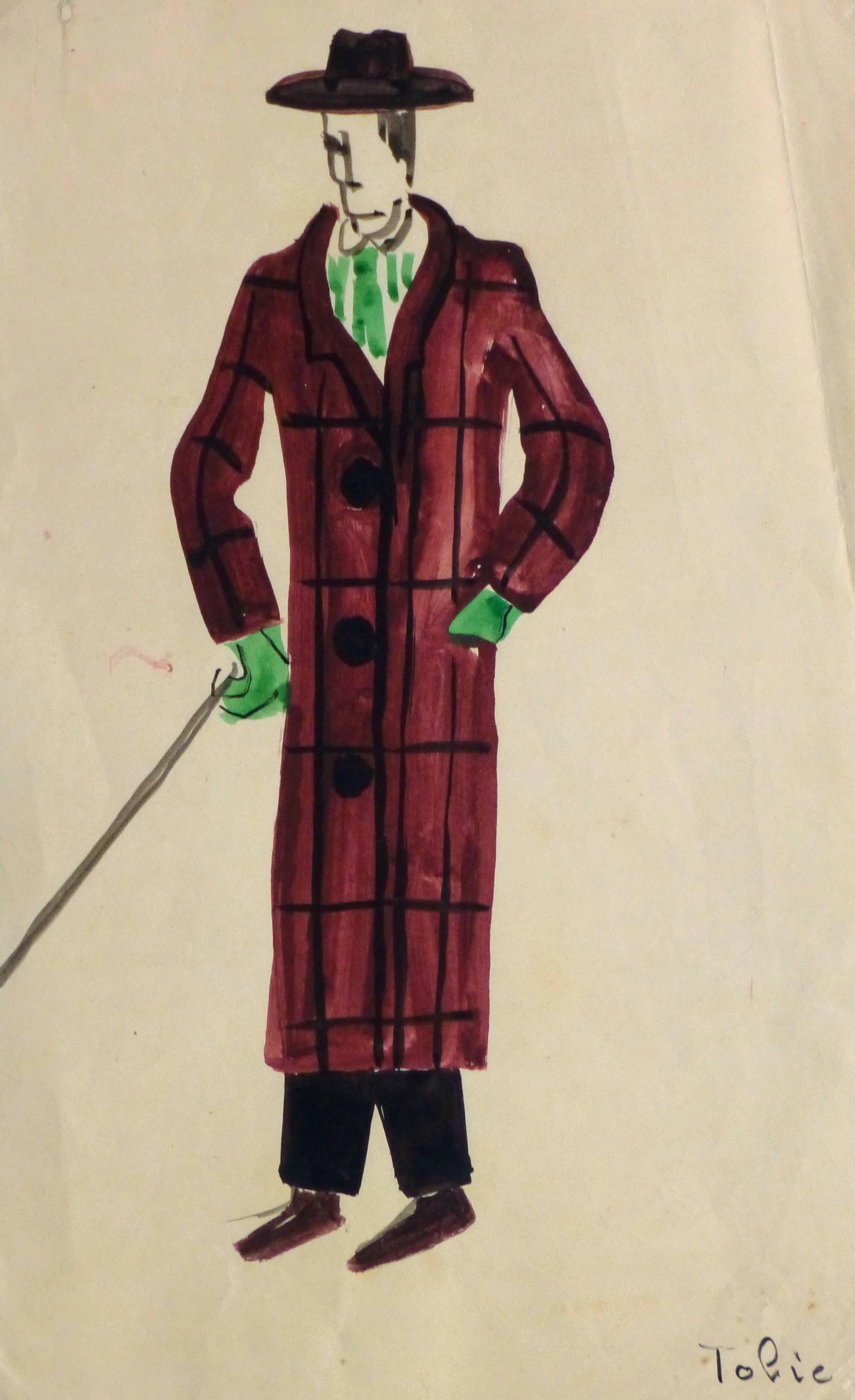 Unknown Figurative Painting - French Theater Costume Sketch - Plaid Coat