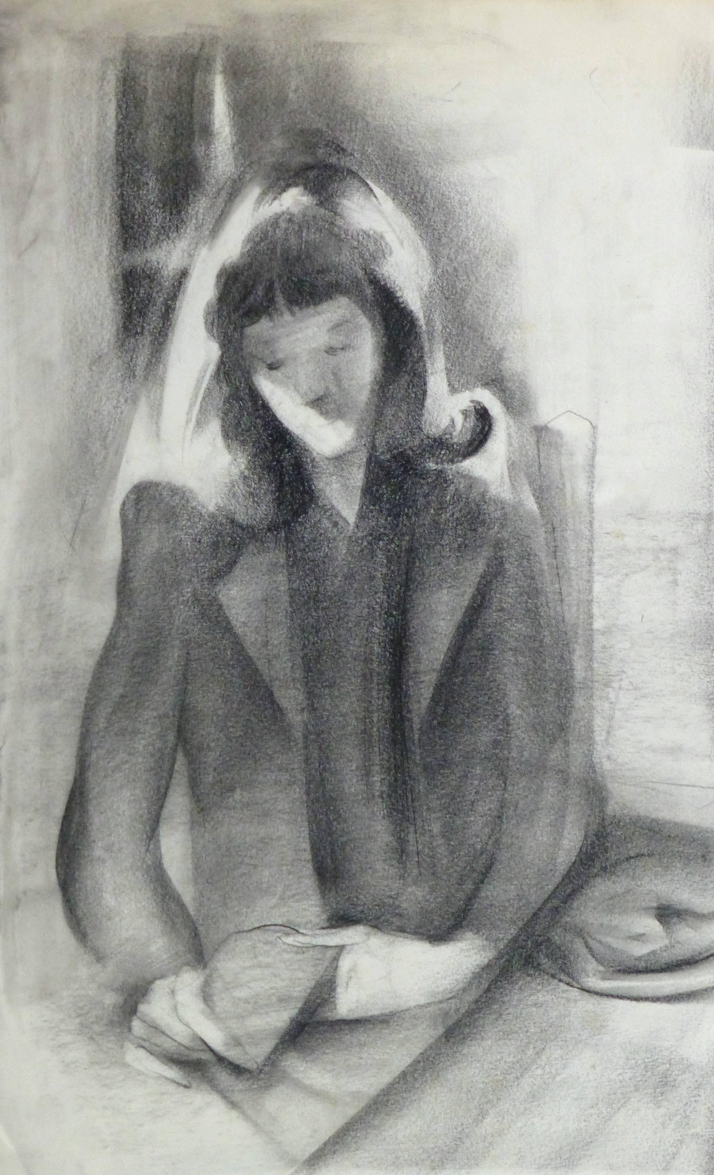 Charcoal Portrait - The Serene Reader - Art by Unknown