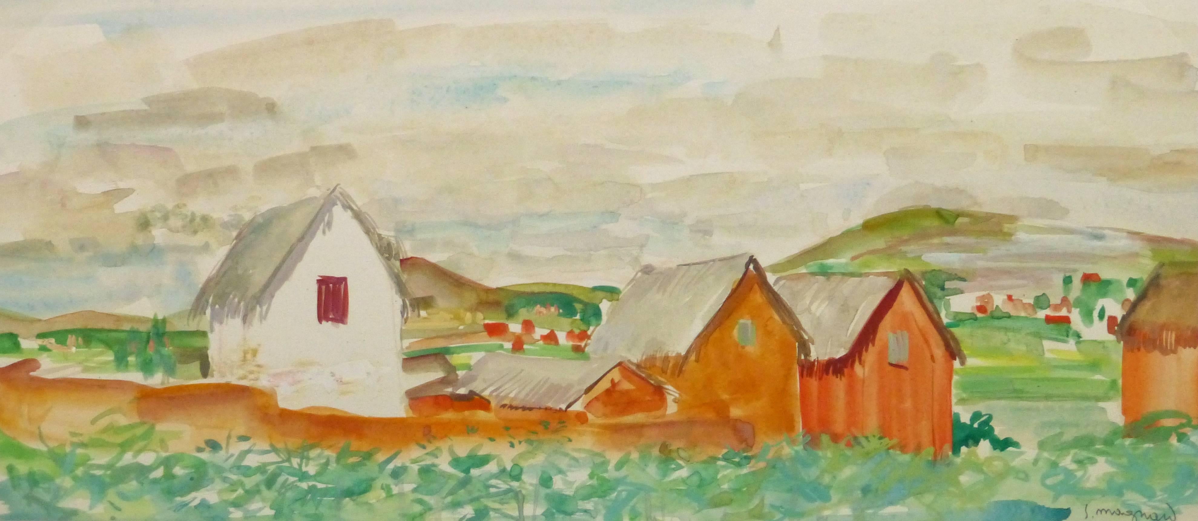 Stephane Magnard Landscape Art - Vintage French Watercolor Landscape - Rural Outskirts
