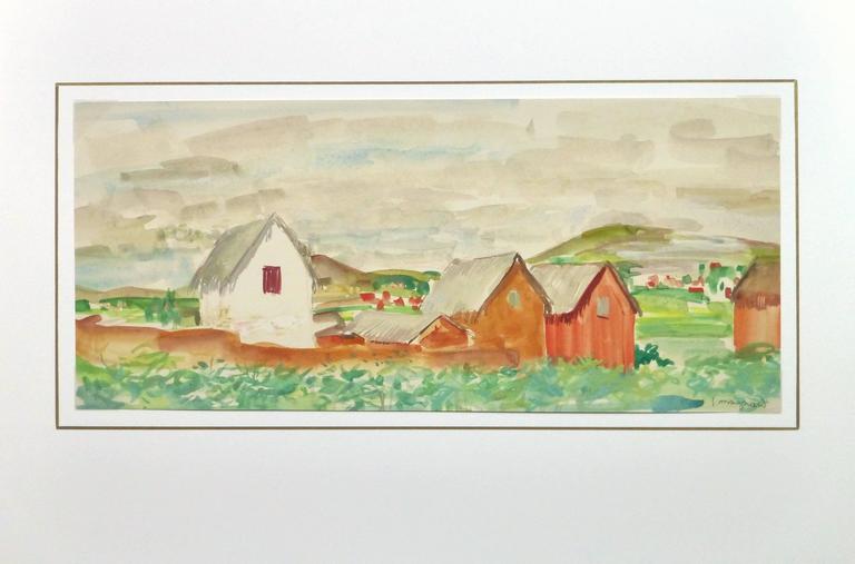 Warmly hued watercolor of rust colored homes and buildings dotting a rural landscape by French artist Stephane Magnard, circa 1950. Signed lower right.

Stéphane Magnard was the painter for the colonial governor of Madagascar from 1950-1953. His
