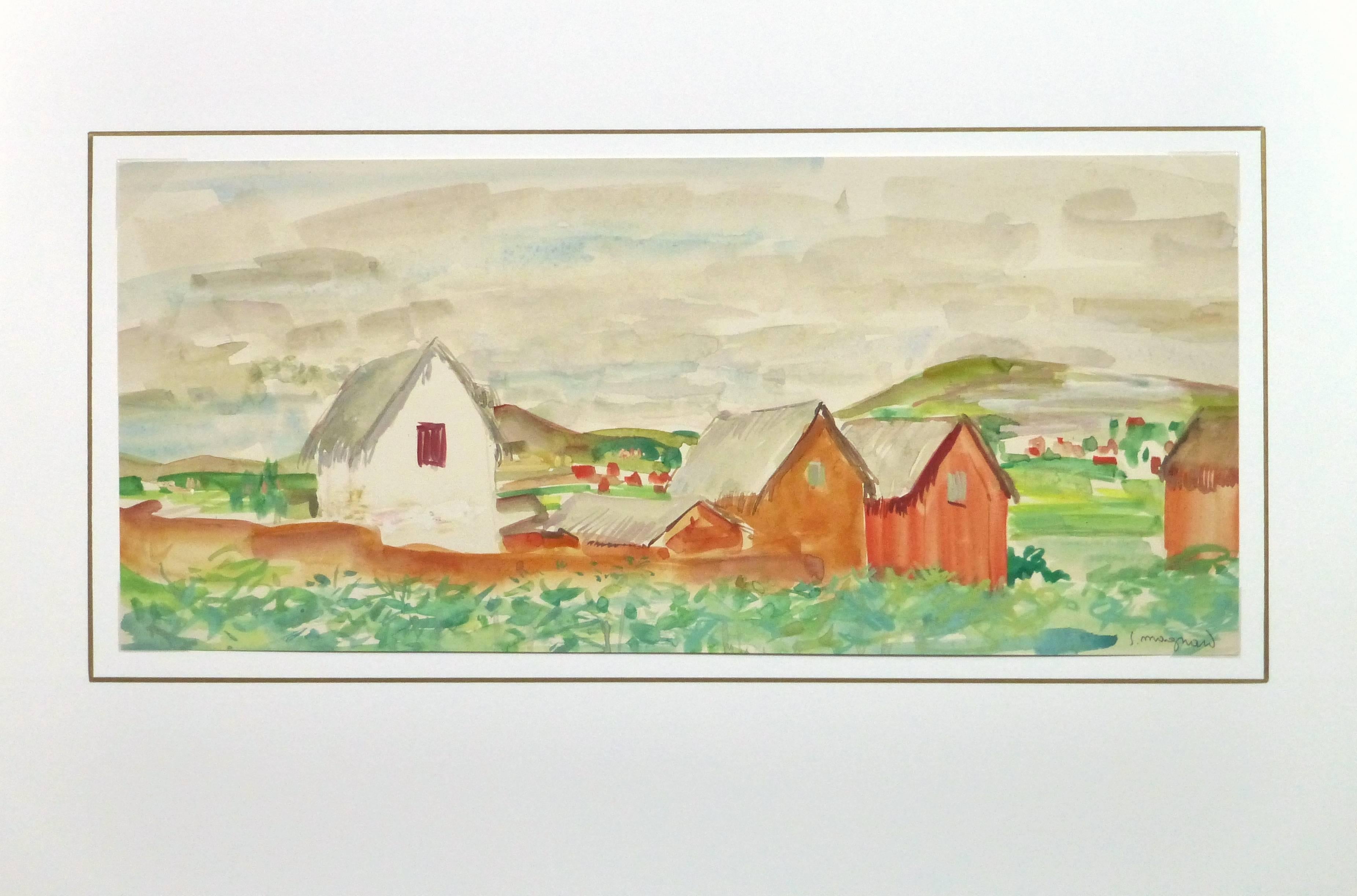 Warmly hued watercolor of rust colored homes and buildings dotting a rural landscape by French artist Stephane Magnard, circa 1950. Signé en bas à droite.

Stéphane Magnard was the painter for the colonial governor of Madagascar from 1950-1953. His