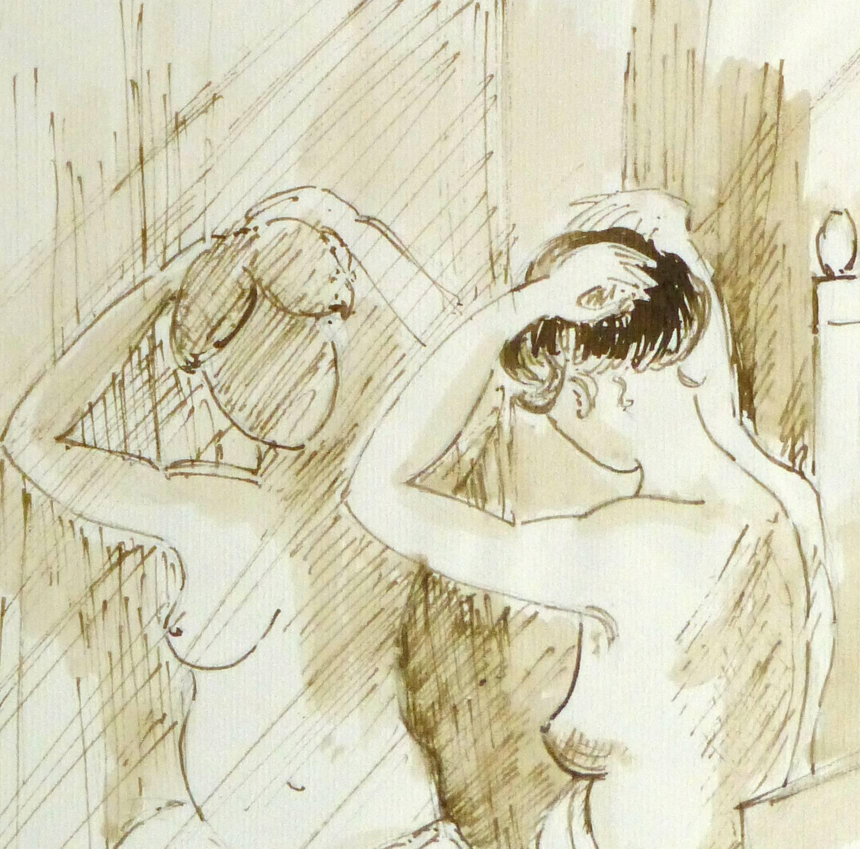 Tusche Wasch- Nu sur le Sige Devant le Miroir (Nackt auf dem Sitz) – Painting von B. Charasson
