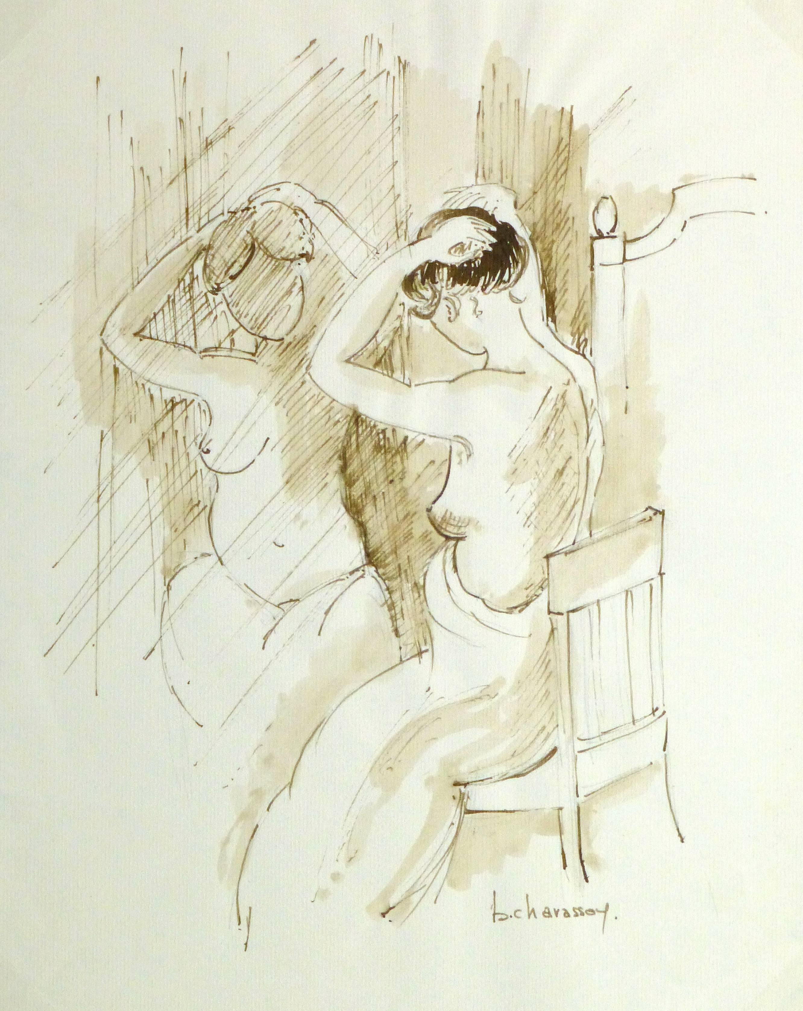 B. Charasson Nude Painting - French Ink Wash- Nu sur le Siège Devant le Miroir (Naked on the Seat)