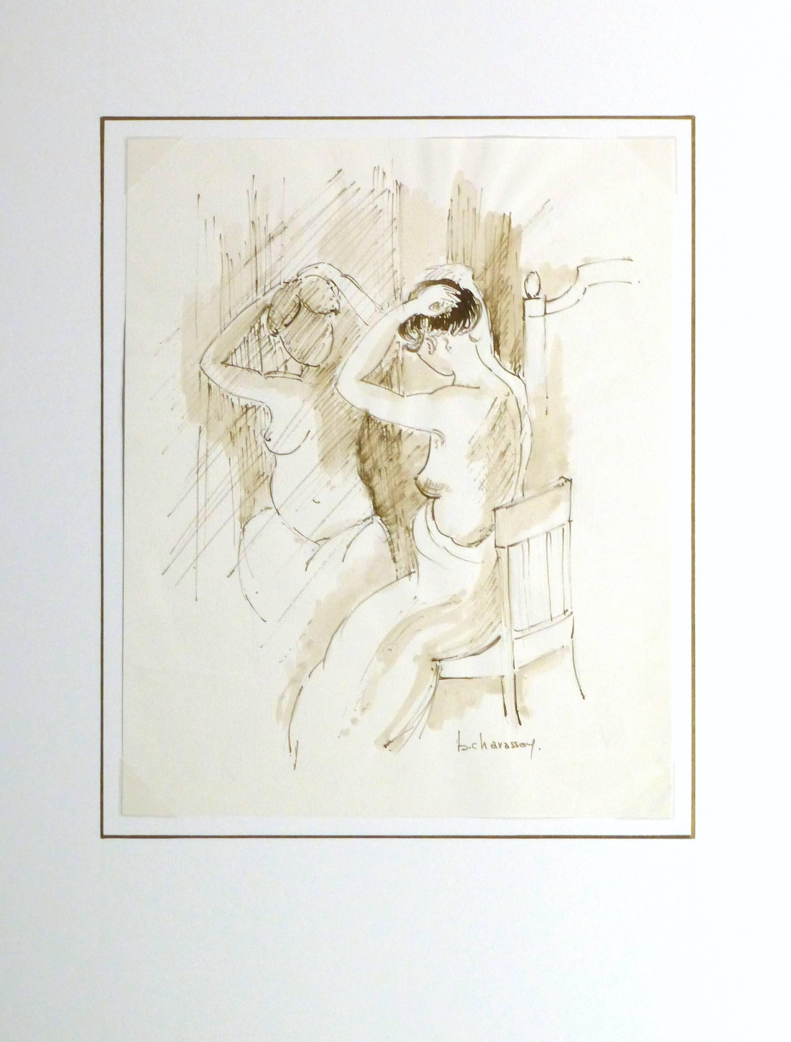 Light hearted French ink painting of a partially nude young female arranging her hair in front of a mirror by B. Charasson, 1980s. Signiert unten rechts.

Original artwork on paper displayed on a white mat with a gold border. Archival plastic sleeve