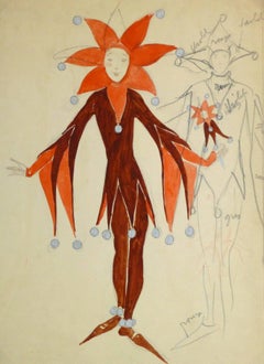 Antique French Theater Costume Sketch - The Jester