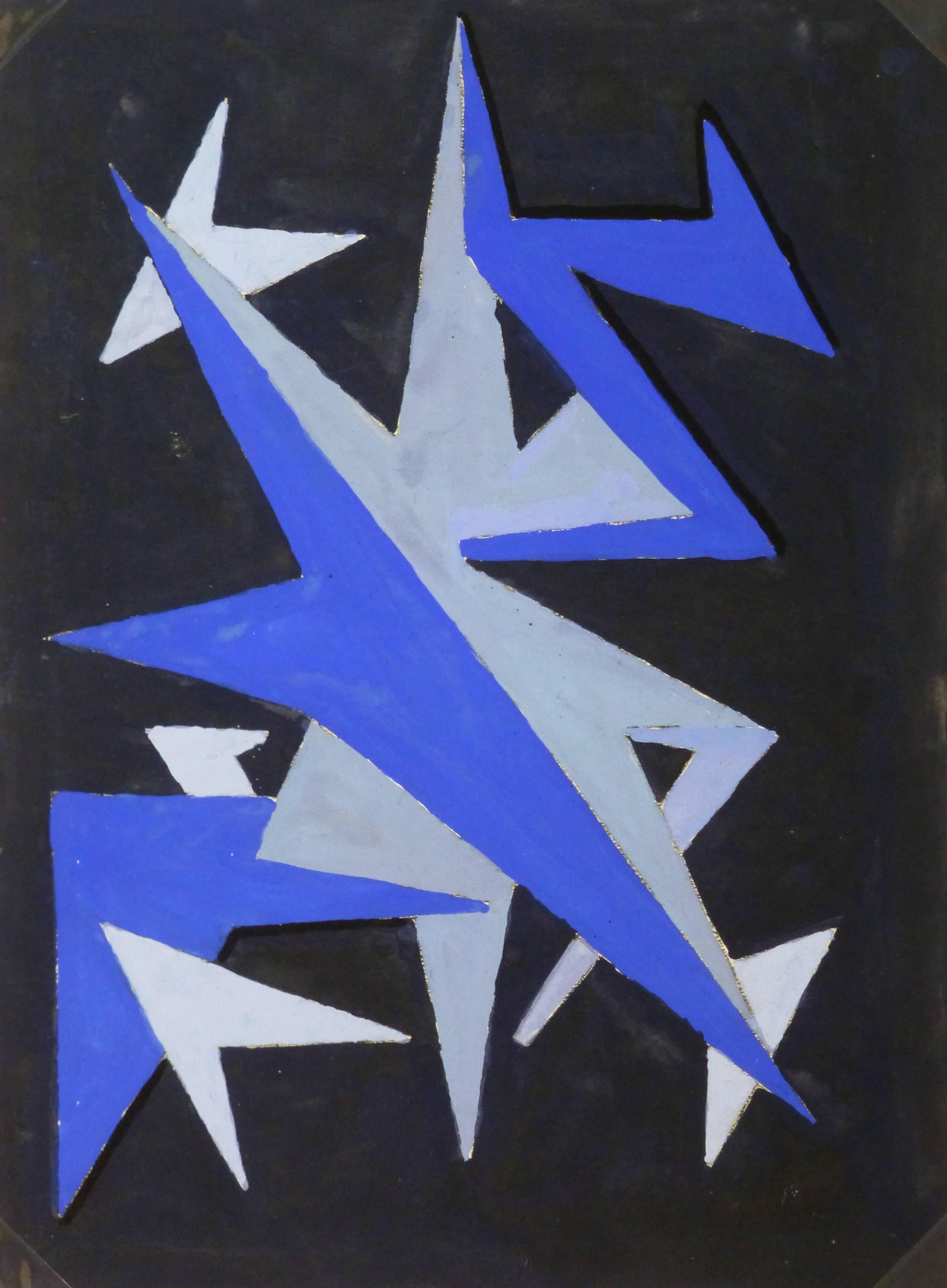 Unknown Abstract Painting - French Abstract - Blue Chevrons