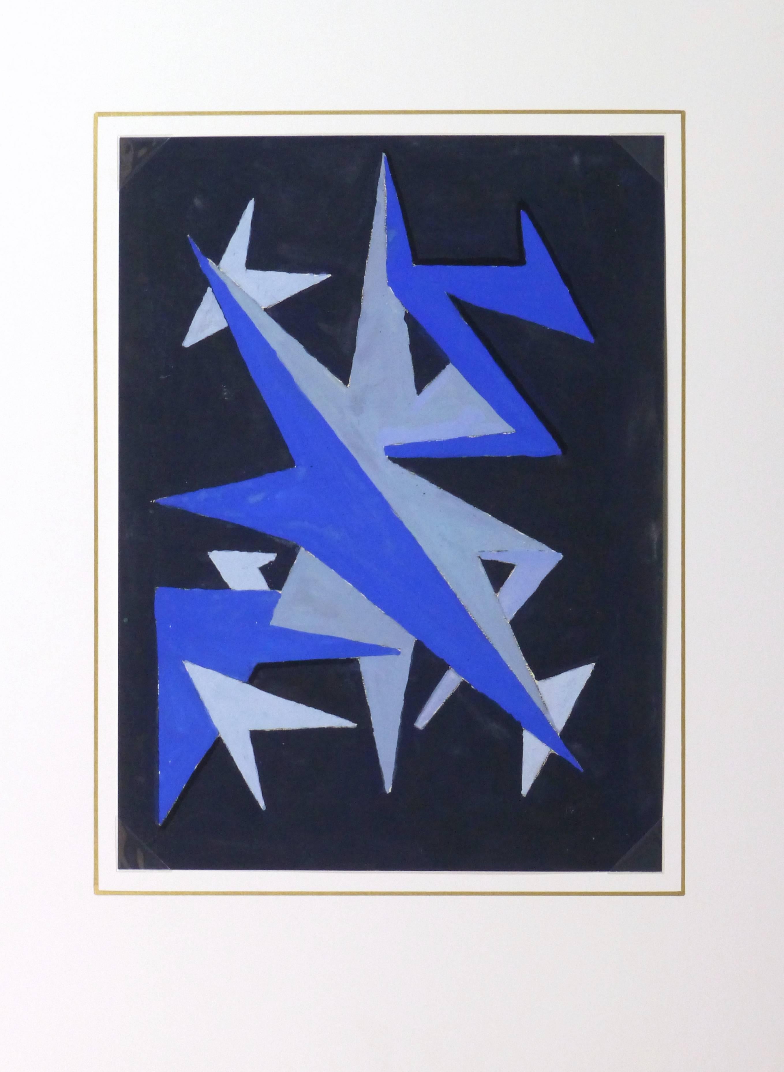 French Abstract - Blue Chevrons - Black Abstract Painting by Unknown