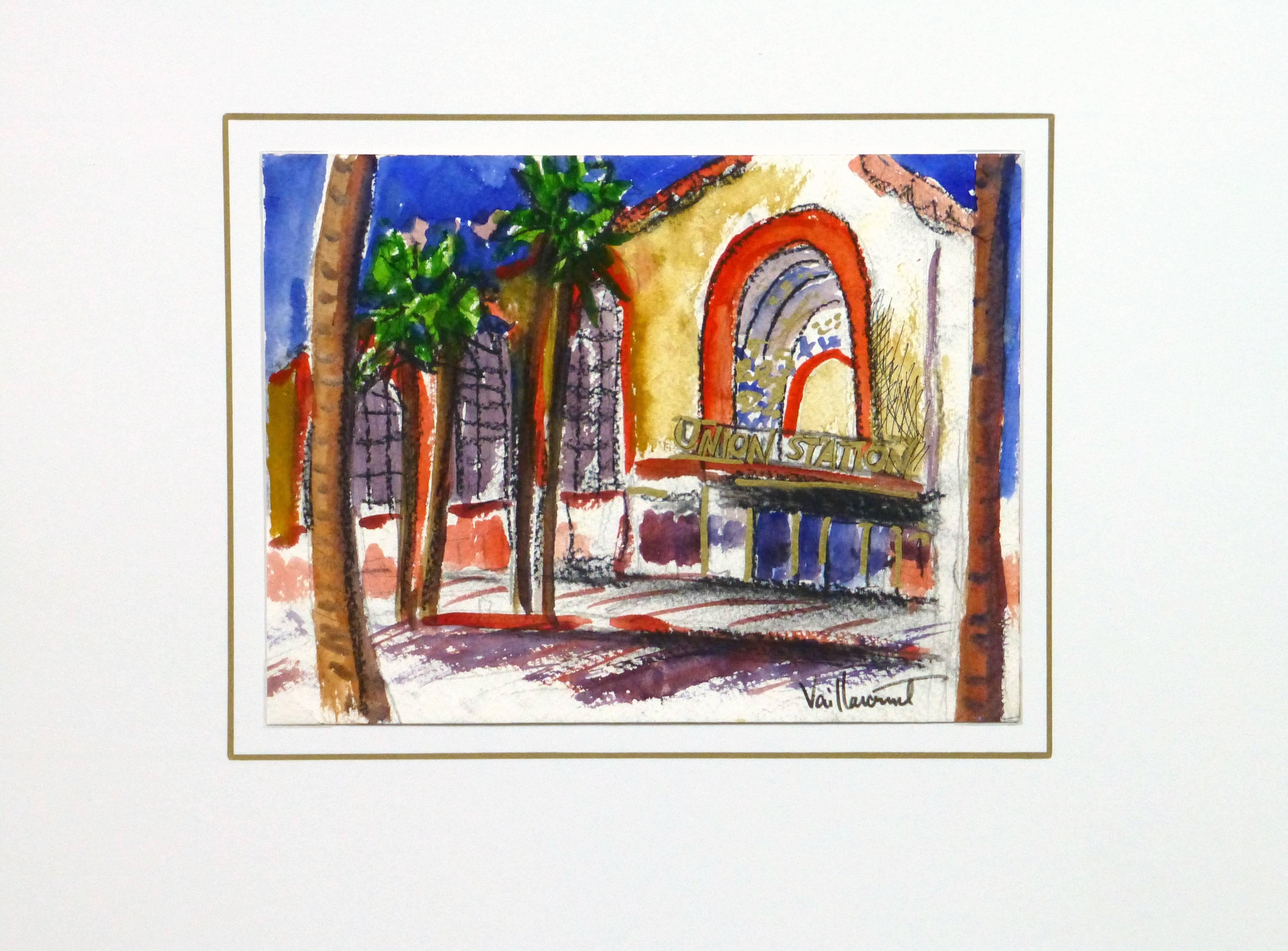Vibrant and lively painting of the entrance to the iconic Union Station located in Los Angeles, California by artist S. Vaillancourt, 2008. Signed lower right. 

Original artwork on paper displayed on a white mat with a gold border. Archival plastic