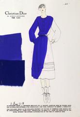 Vintage Christian Dior Mode-Sketch - Blaues Kleid