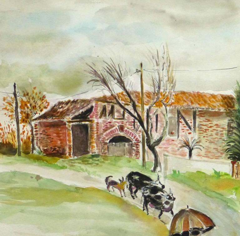 French Watercolor Landscape - The Farmstead - Beige Landscape Art by Unknown