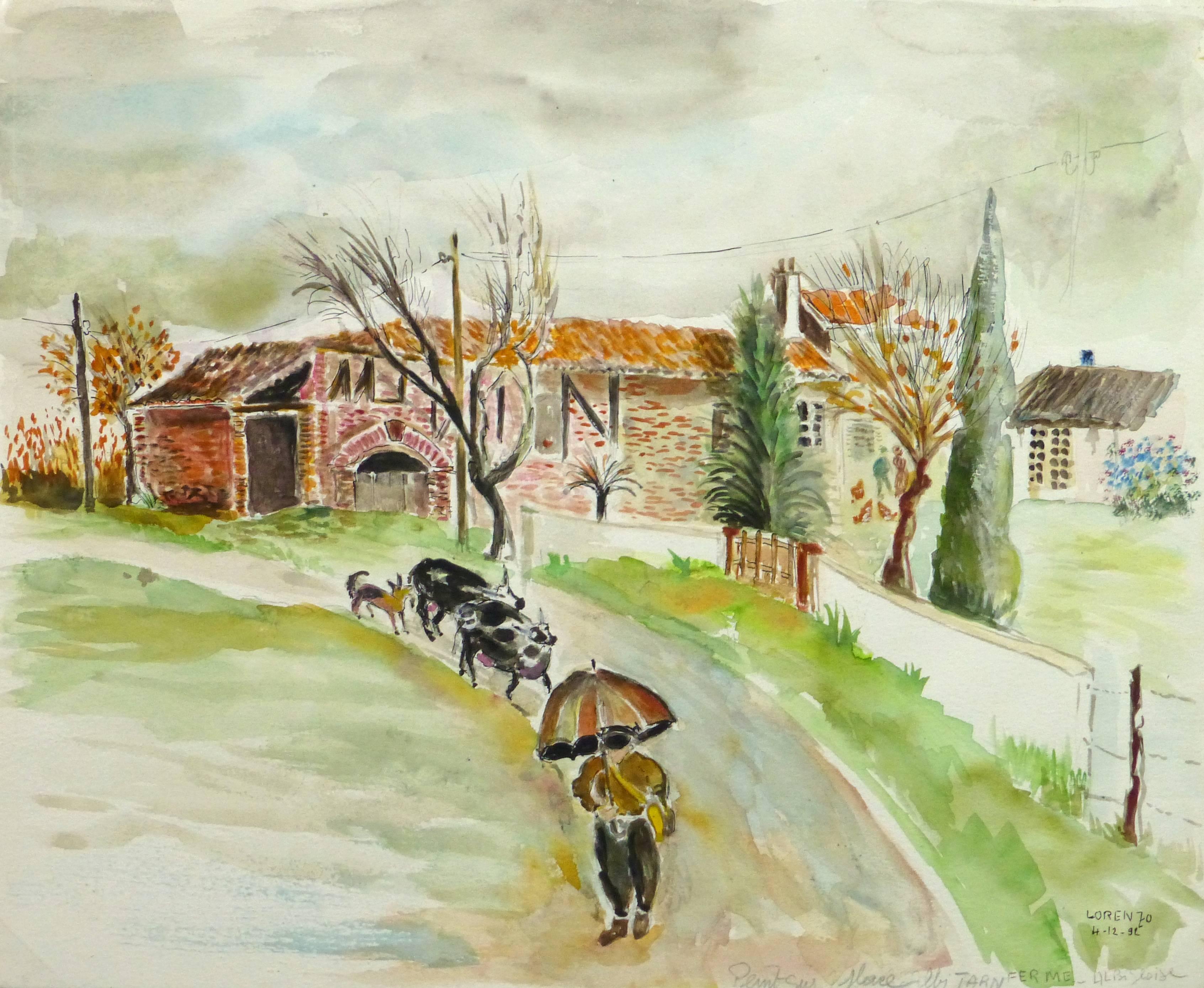 Unknown Landscape Art - French Watercolor Landscape - The Farmstead