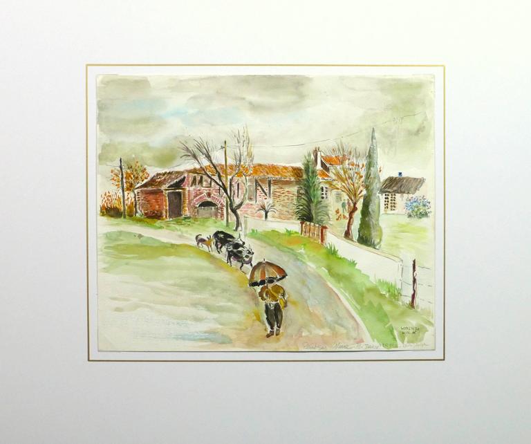Charming watercolor of a line of friendly farm animals following a farmer down a path from a brick farm house, 1992. Signed, titled and dated lower right.

Original artwork on paper displayed on a white mat with a gold border. Archival plastic