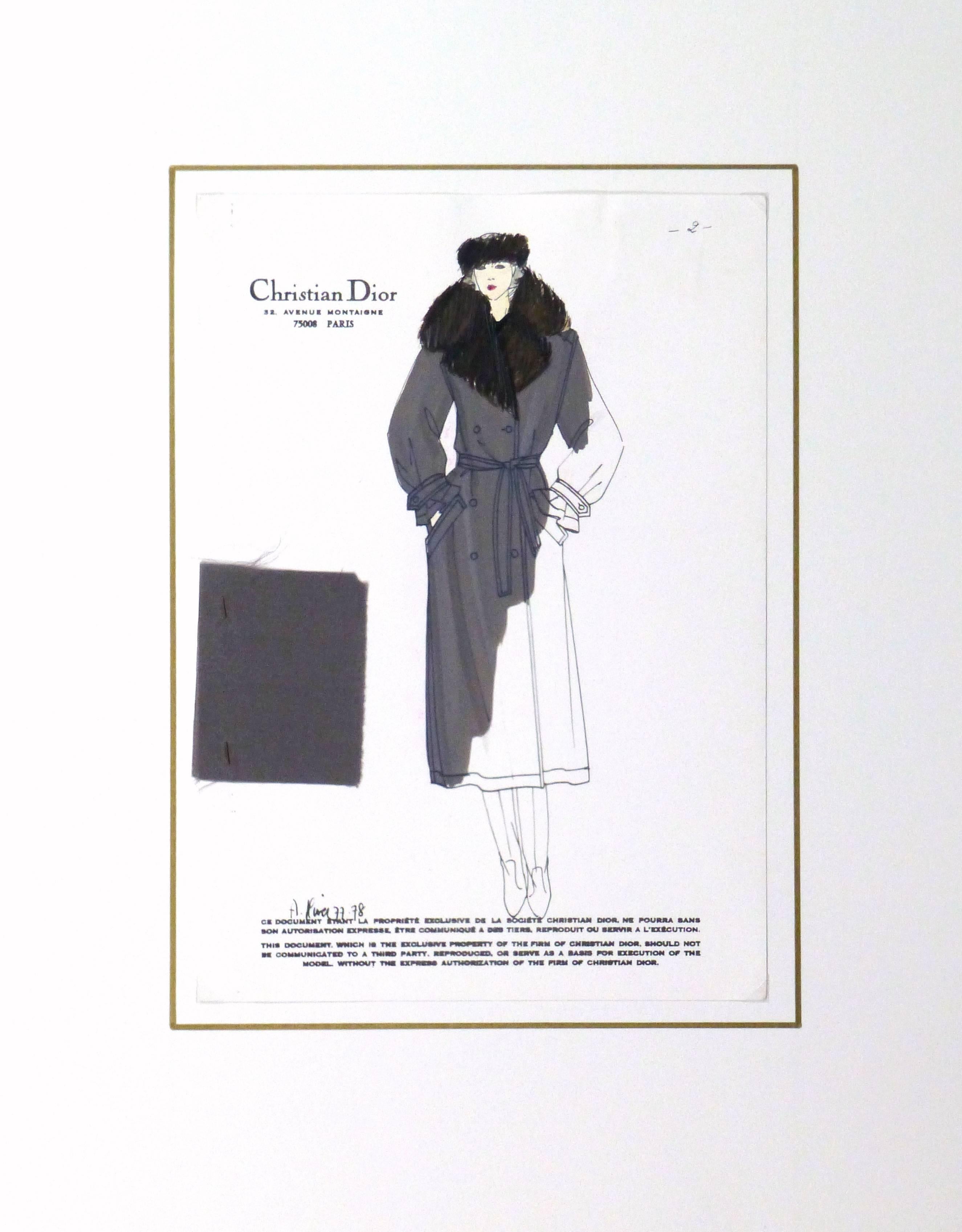 Vintage French haute couture fashion sketch in gouache and ink of a long charcoal grey trench coat lined in plush fur by Christian Dior, 1977. Christian Dior Fashion House stamp. Fabric swatch attached in left margin. Annotations lower margins.
