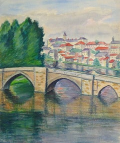 French Watercolor of Bridge and Town in the background - Loire Valley