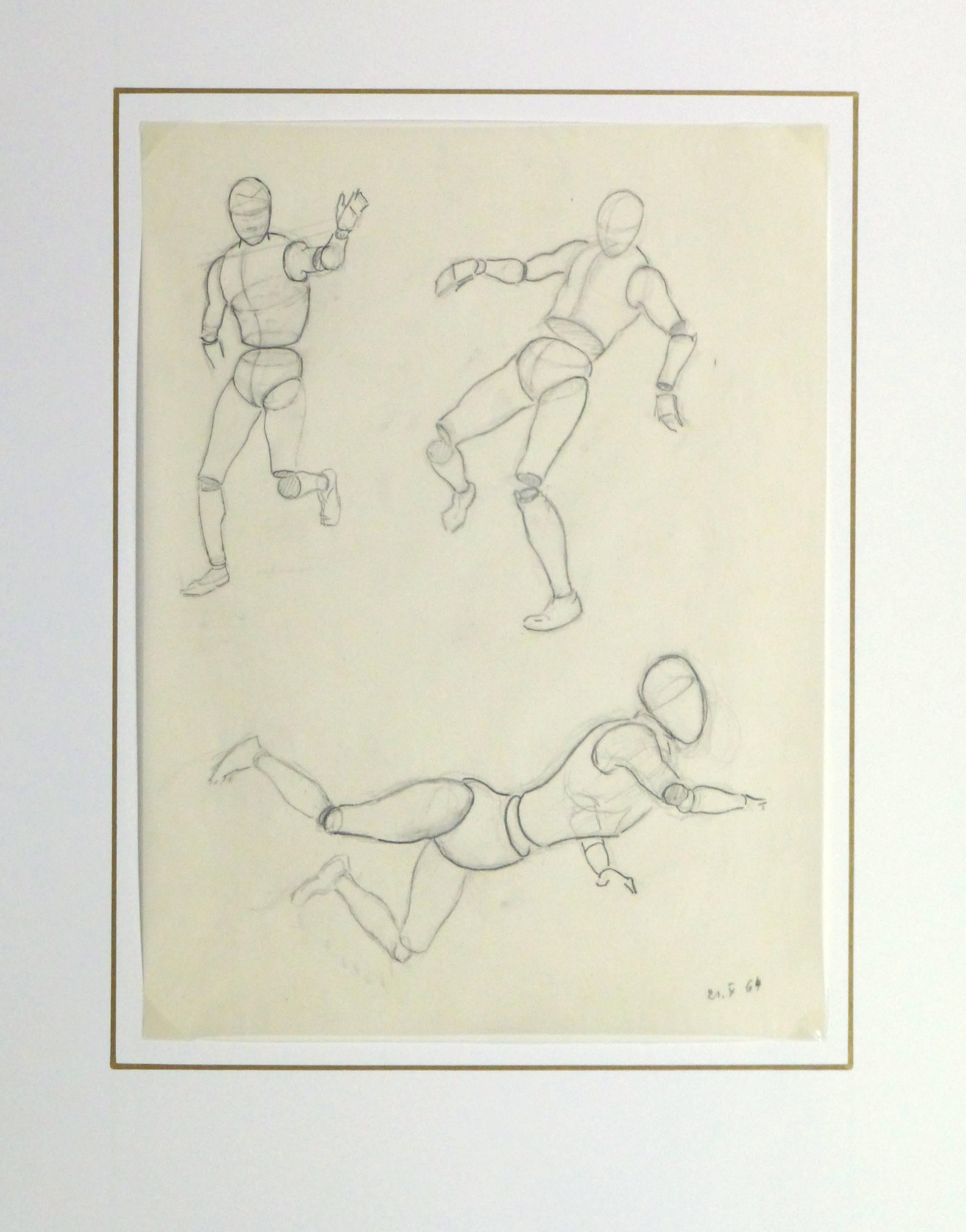 Lively pencil sketch on transfer paper of figure in various degrees of motion by artist Werner Bell, 1964. Dated lower right.

Original artwork on paper displayed on a white mat with a gold border. Archival plastic sleeve and Certificate of