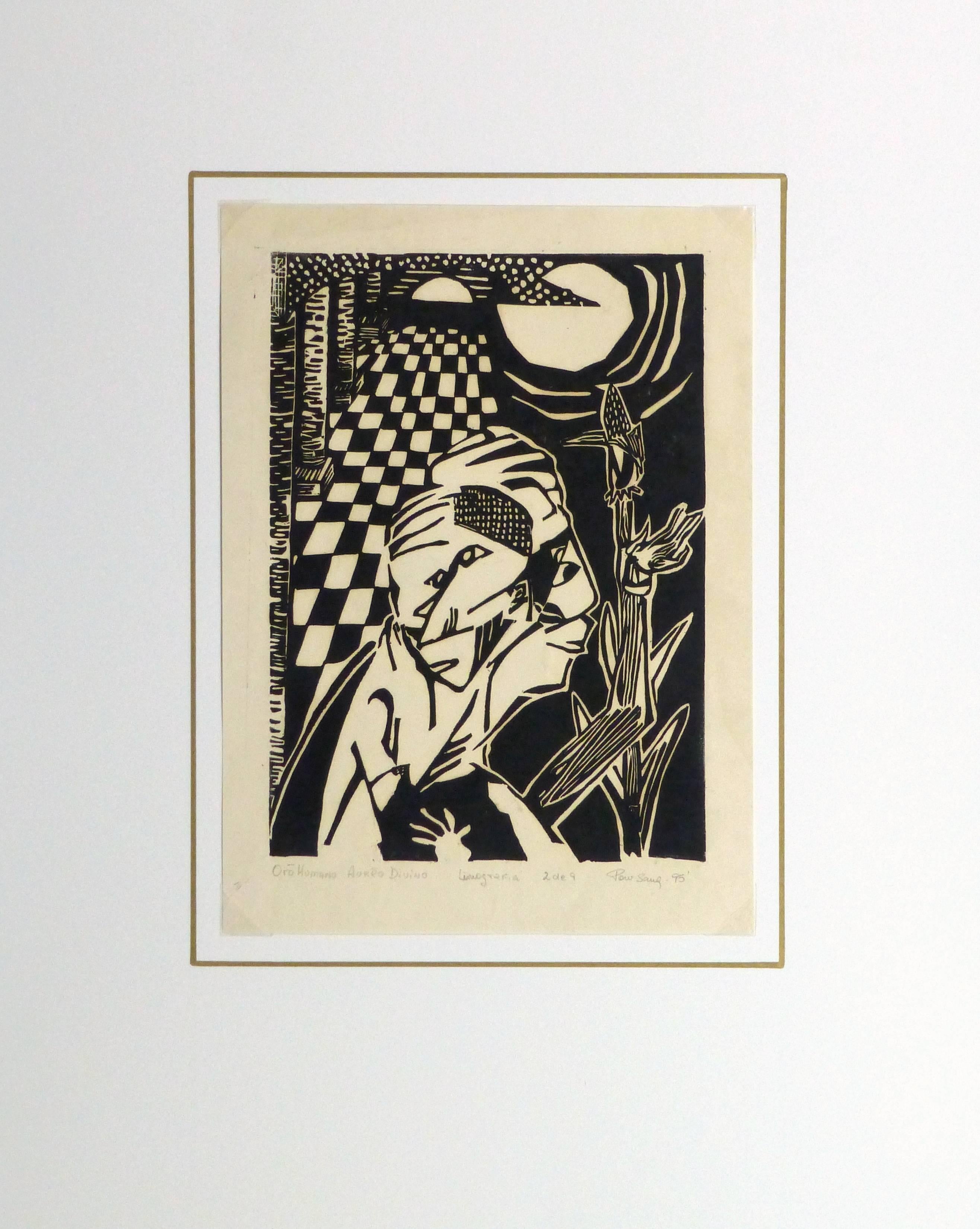 Fascinating black and white abstract woodcut of a figure and a stalk of corn backed by a long tiled hallway, 1995. Signed and dated lower right. Titled "Oro Humano Aureo Divino" lower left. Numbered 2 of 9. 

Original artwork on paper