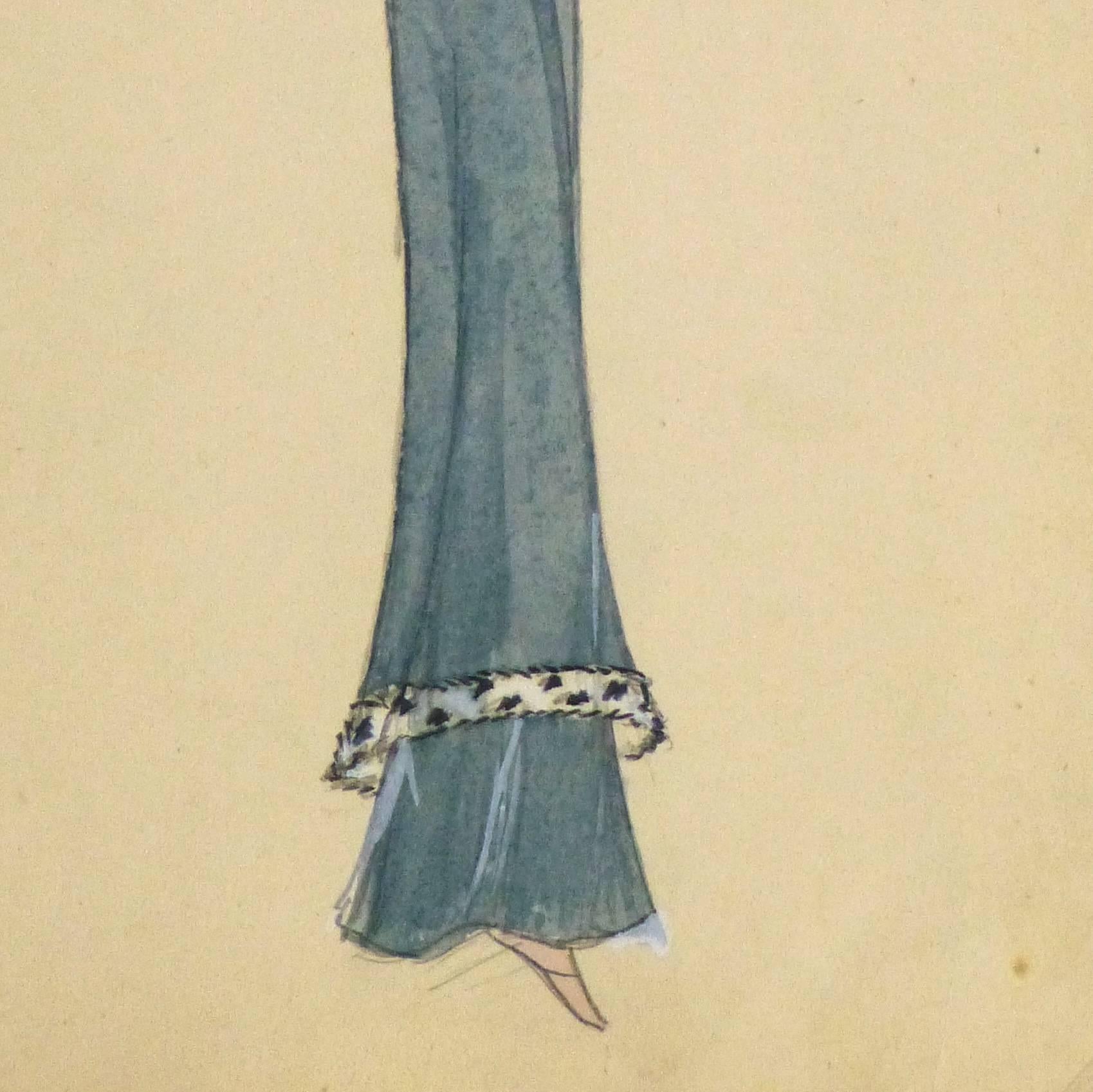 French Fashion Sketch - Fur Trimmed Evening Dress - Art by Unknown