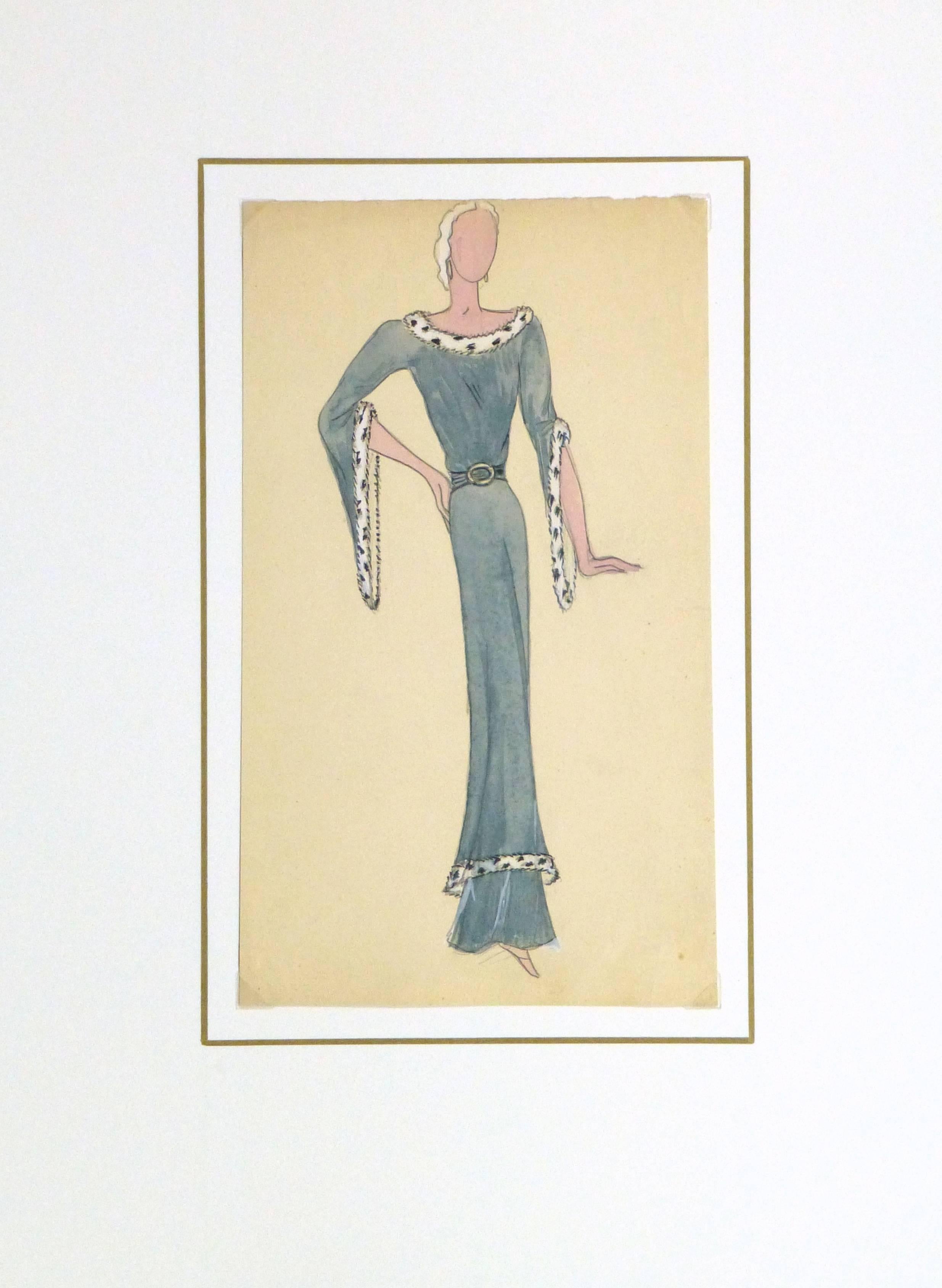 Unique pencil and gouache fashion sketch of a slim and flowing blue evening dress trimmed in white fur, circa 1930.

Original artwork on paper displayed on a white mat with a gold border. Archival plastic sleeve and Certificate of Authenticity