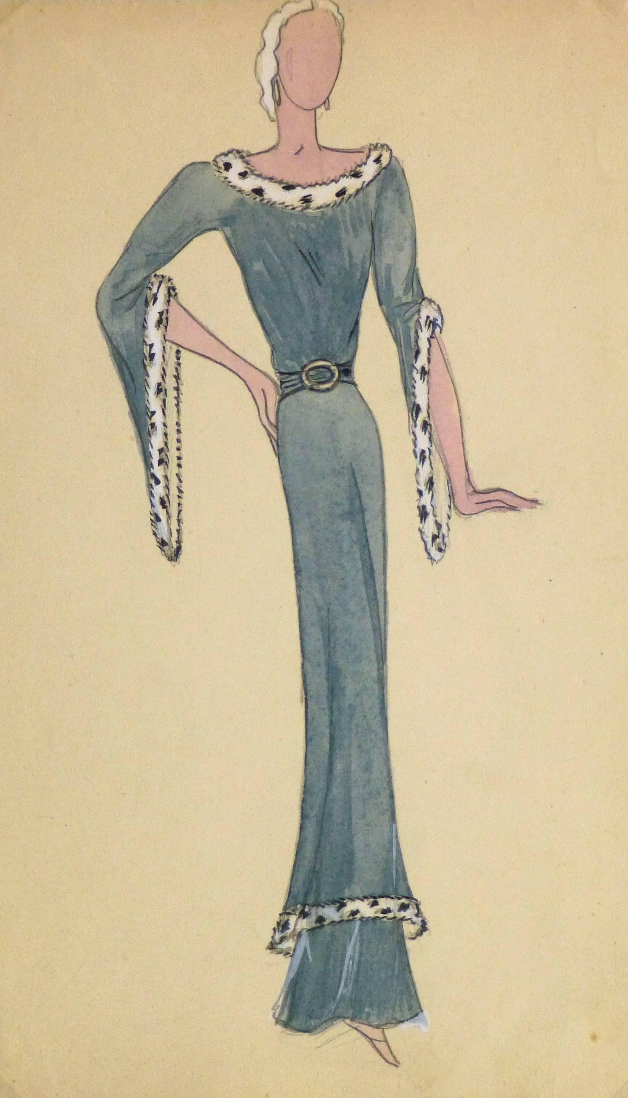 Figurative Art di Unknown - Schizzo di moda francese - Abito da sera con bordo in pelliccia