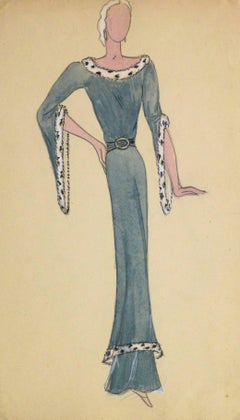 Vintage French Fashion Sketch - Fur Trimmed Evening Dress