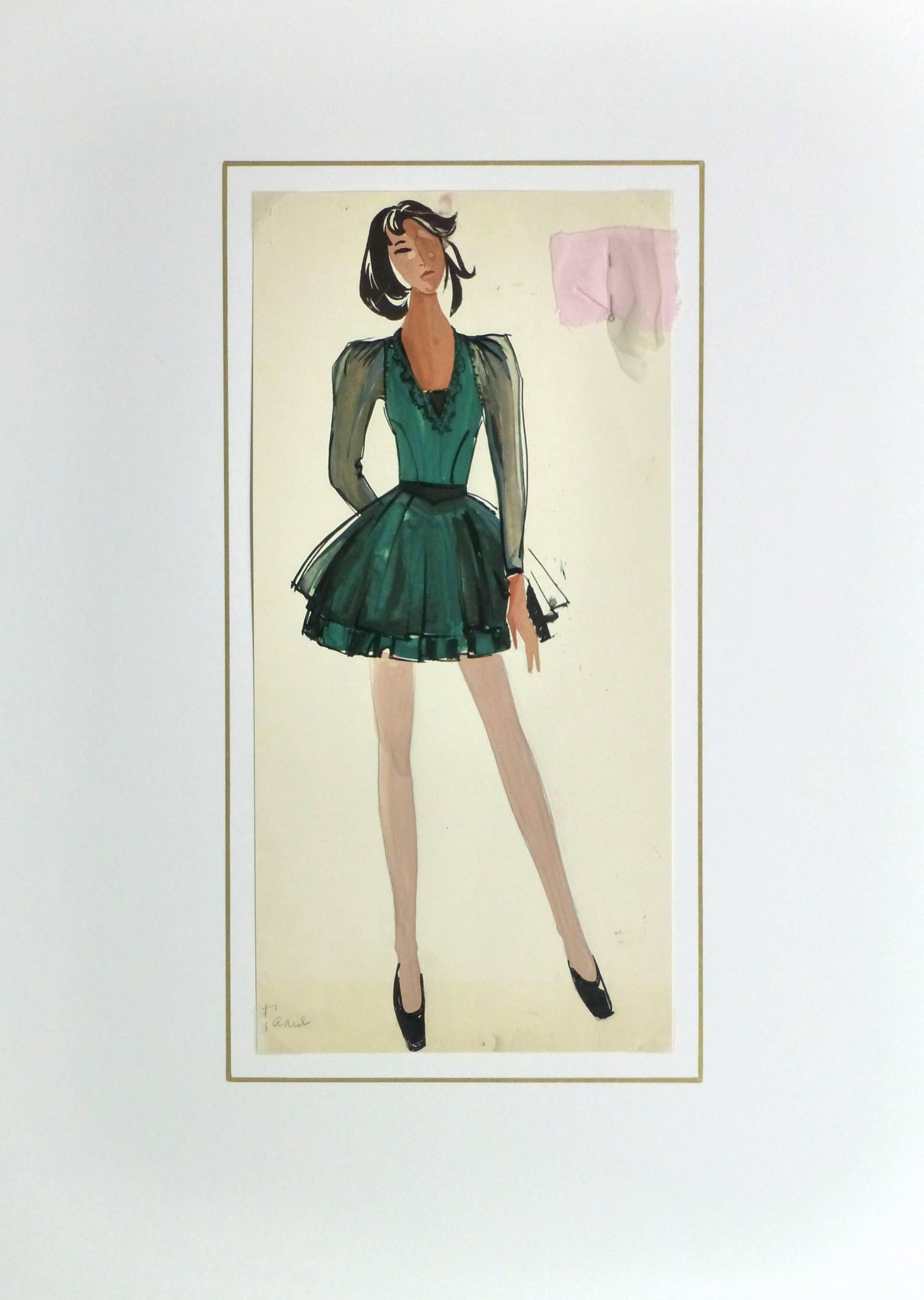Delightful gouache fashion sketch of a ballerina style dress in a deep forest green. Fabric swatch attached upper right. Signiert unten links.

Original artwork on paper displayed on a white mat with a gold border. Archival plastic sleeve and