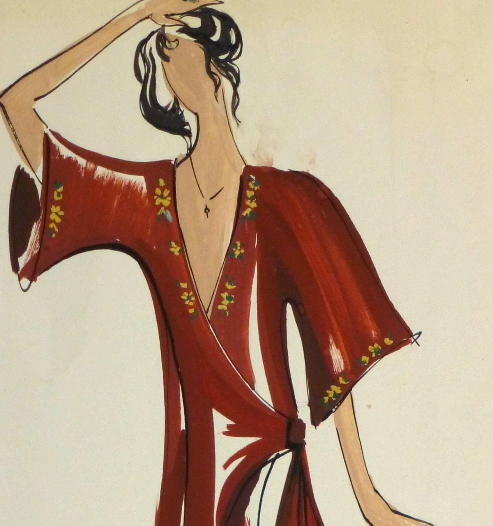 French Fashion Sketch - Red Wrap Dress - Painting by Unknown