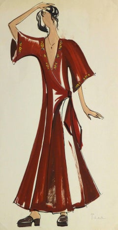 Vintage French Fashion Sketch - Red Wrap Dress