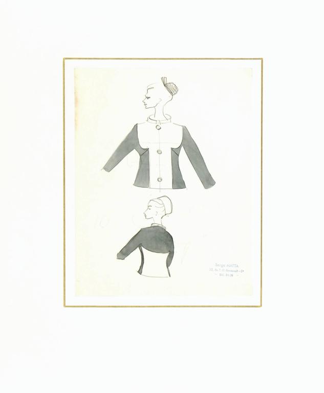 Vintage French watercolor and ink fashion sketch of a simple dress jacket in grey and white by haute couture designer Serge Matta, circa 1960. Couture stamp lower right.

Original artwork on paper displayed on a white mat with a gold border.