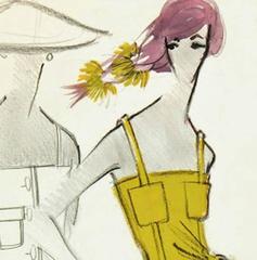 Vintage Balmain French Fashion Sketch - Lime Green Summer Dress