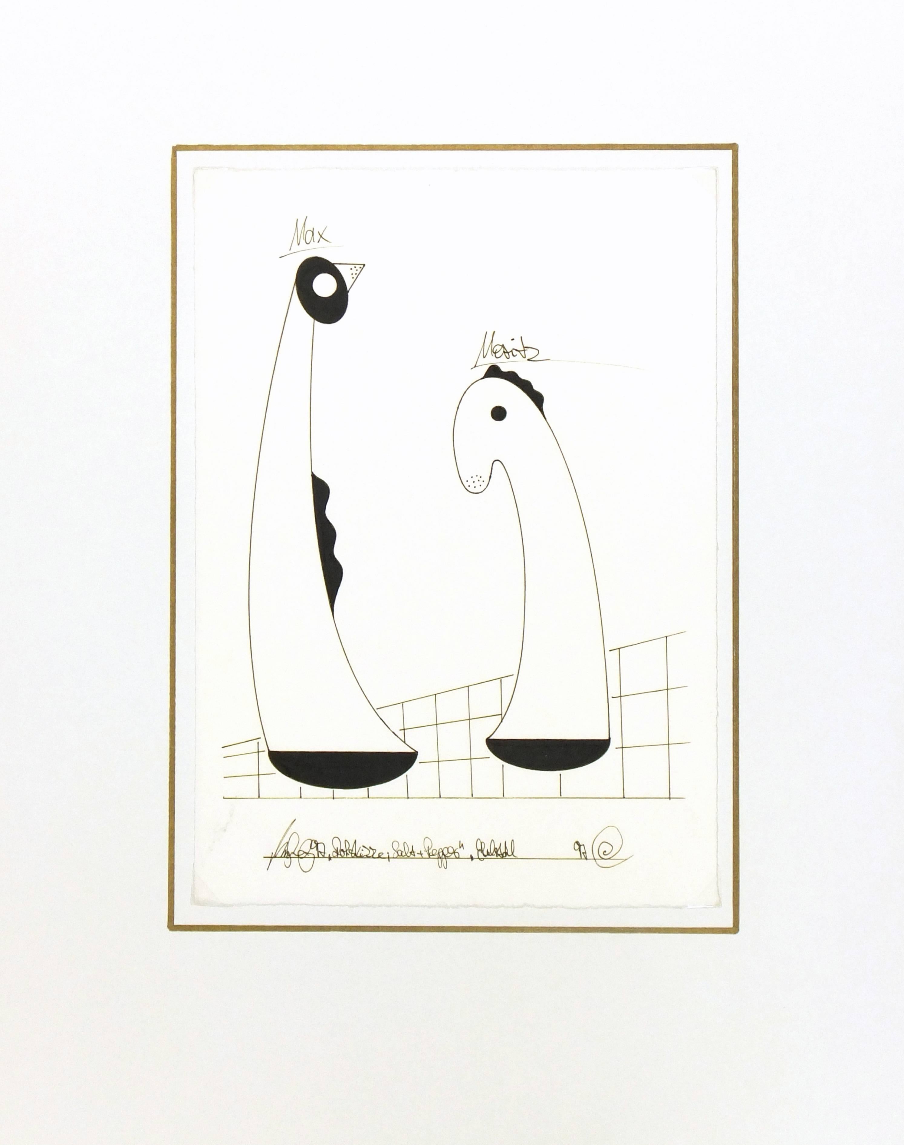 Pen and ink of two abstract bird-like figures, 1997. Signed, titled and dated in lower margin.

Original artwork on paper displayed on a white mat with a gold border. Archival plastic sleeve and Certificate of Authenticity included. Artwork, 8.5