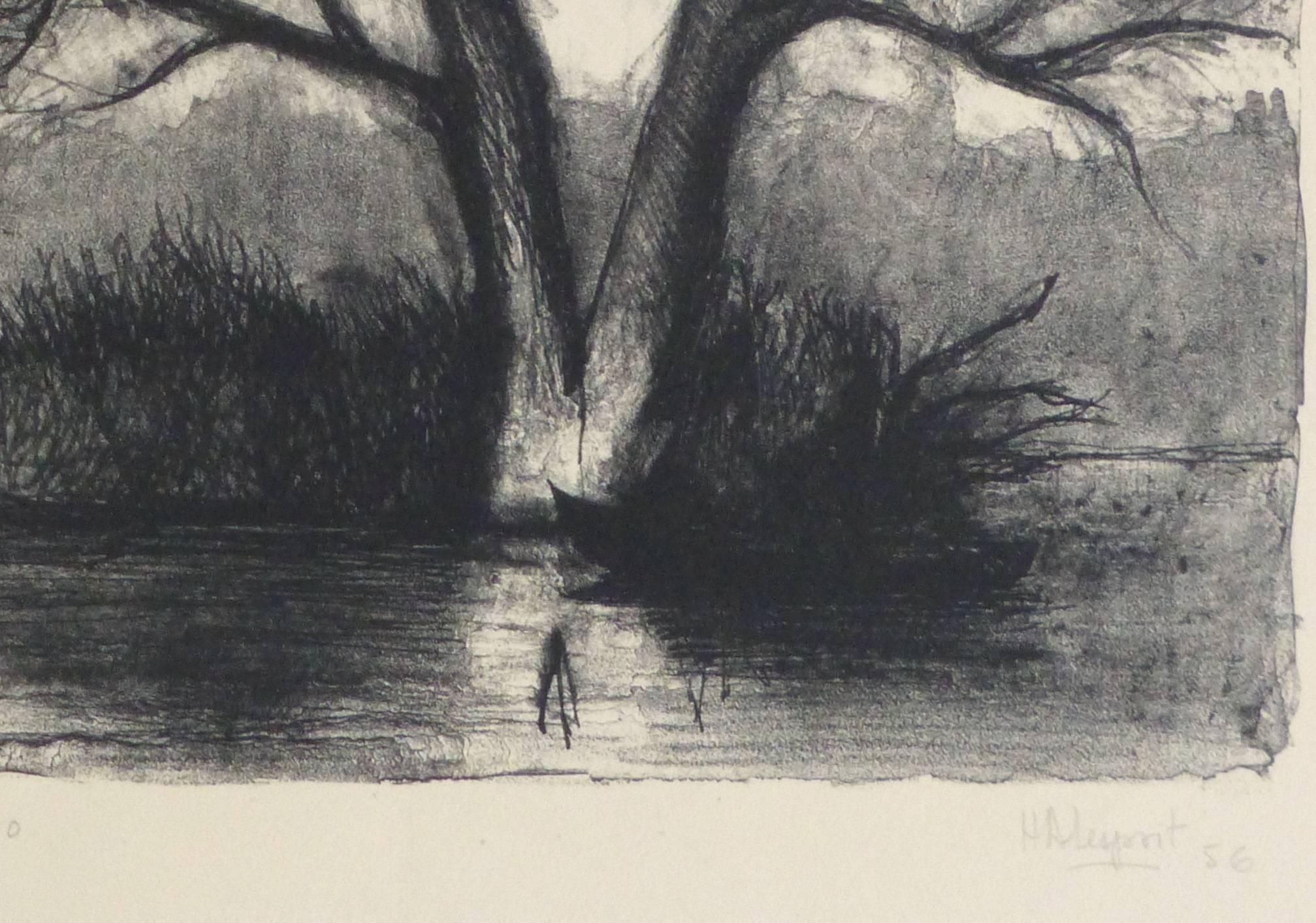 Landscape Tree by a Lake - Stately Splendor - Print by Henri Alain Lesprit