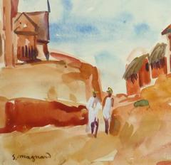 French Watercolor Landscape - Hilltop Village