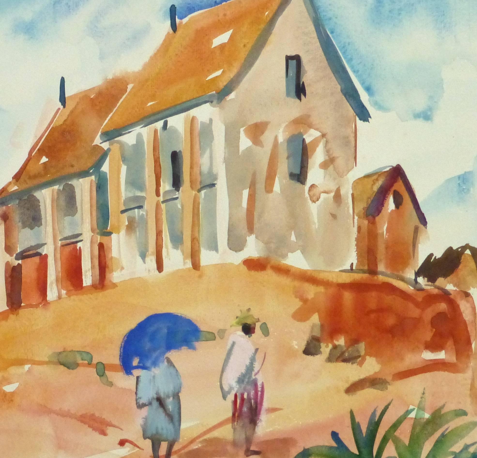 Französisches Aquarell-Landschaftsbild - Dorf am Hügel (Beige), Landscape Art, von Stephane Magnard