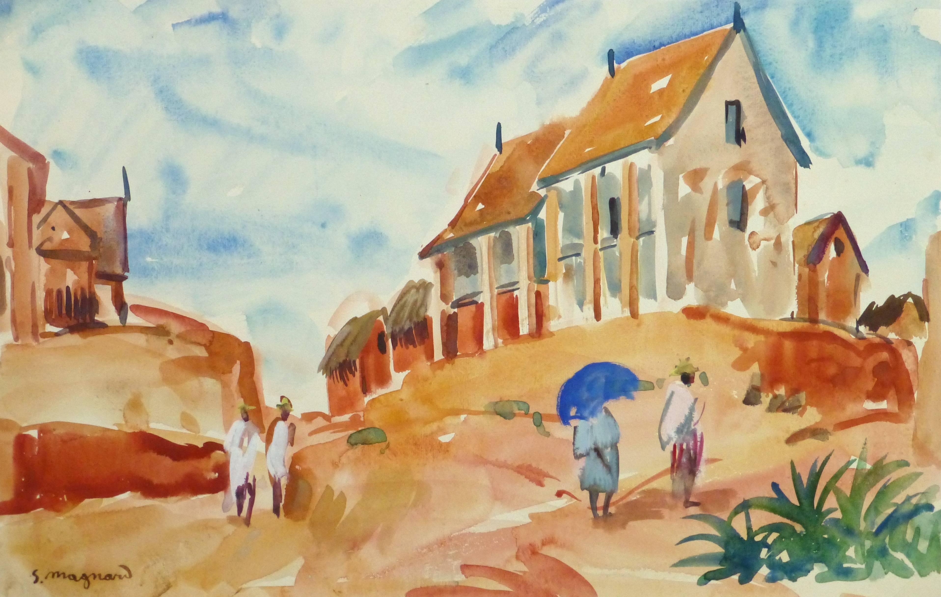 Stephane Magnard Landscape Art - French Watercolor Landscape - Hilltop Village