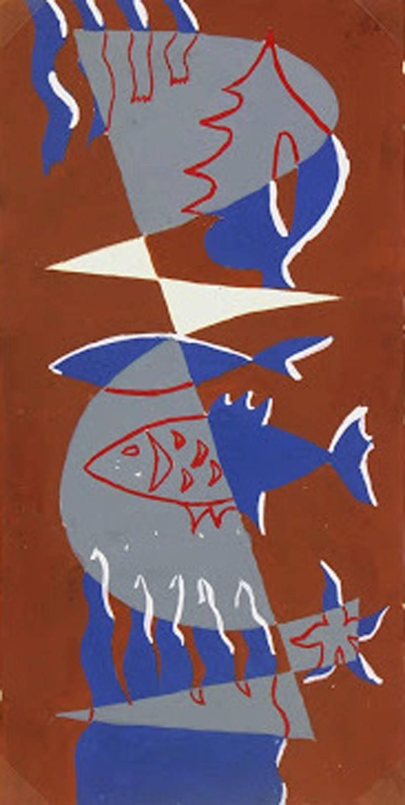 Vibrantly-colored, mid-century gouache painting of fish and various sea life in geometric form by Ty Hozuad, circa 1950. 

Original artwork on paper displayed on a white mat with a gold border. Archival plastic sleeve and Certificate of Authenticity