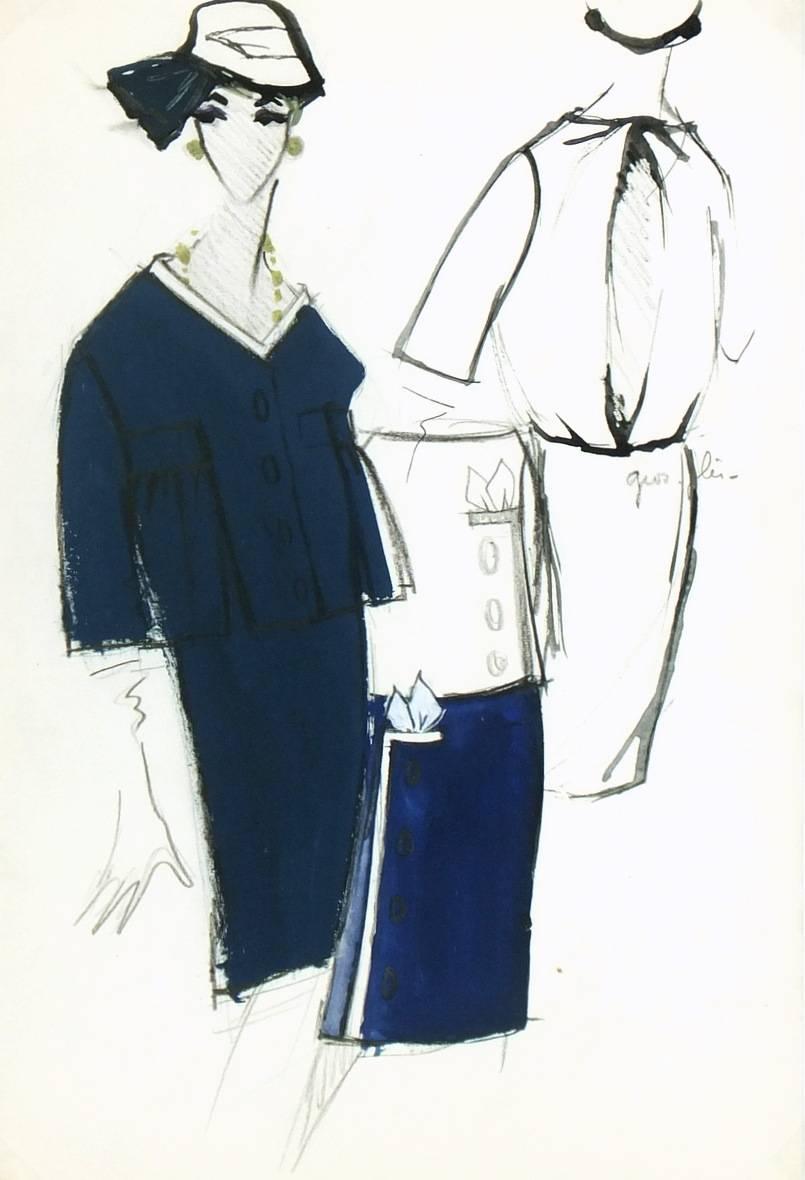 Pierre Balmain Figurative Art - Vintage Balmain Fashion Sketch - Navy Dress Suit