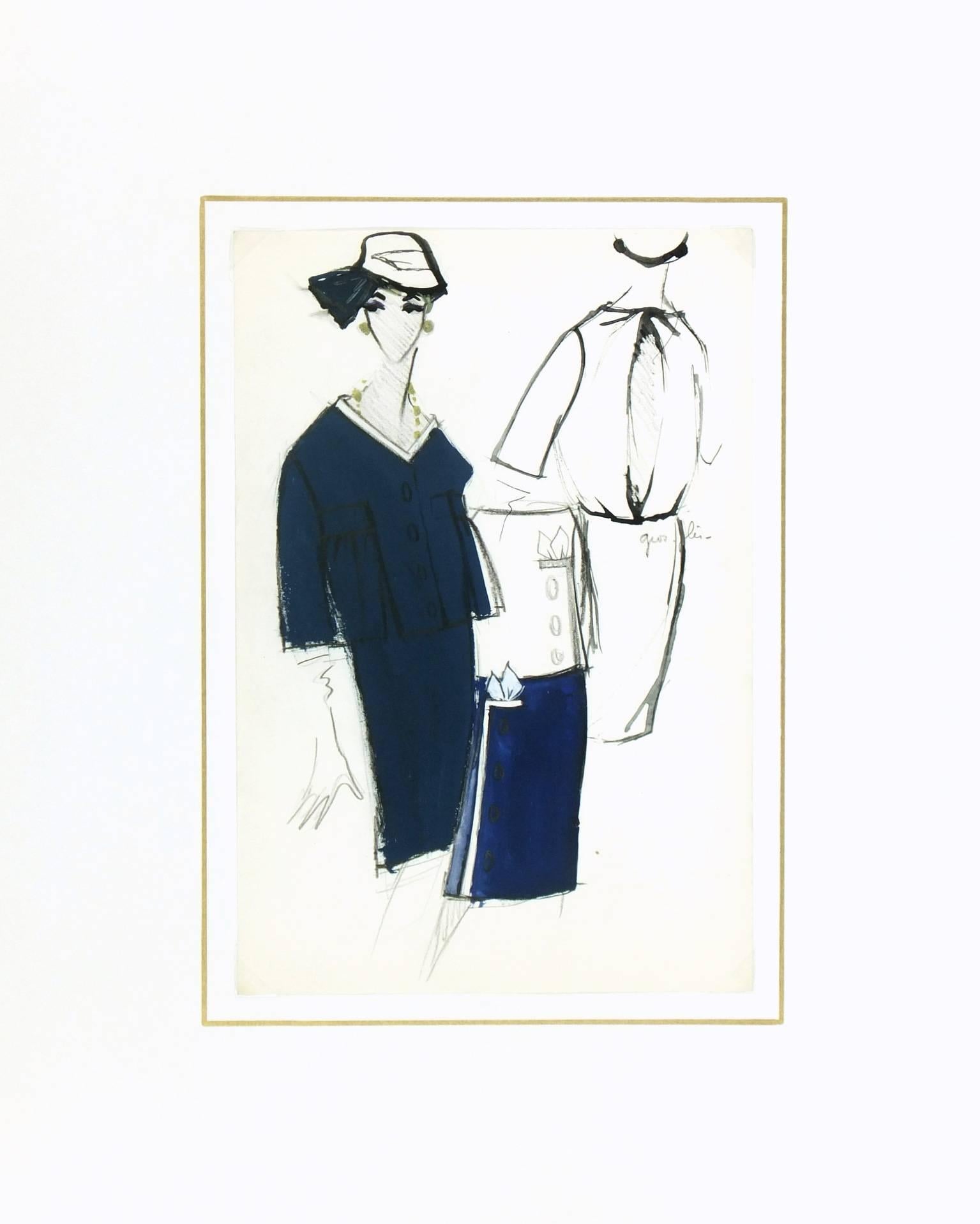 Vintage Balmain Fashion Sketch - Navy Dress Suit - Gray Figurative Art by Pierre Balmain