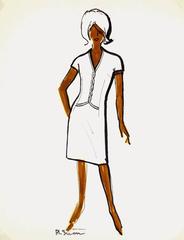 Vintage French Fashion Sketch - White Day Dress Modeled by 60's Chic Woman