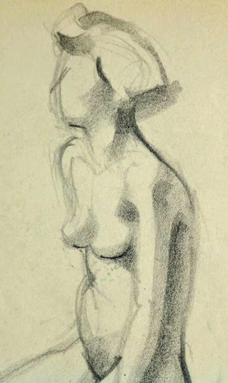 Softly rendered charcoal sketch of a nude female in a seated position by Belgian artist Jean Ernst, circa 1930.

Original artwork on paper displayed on a white mat with a gold border. Archival plastic sleeve and Certificate of Authenticity included.