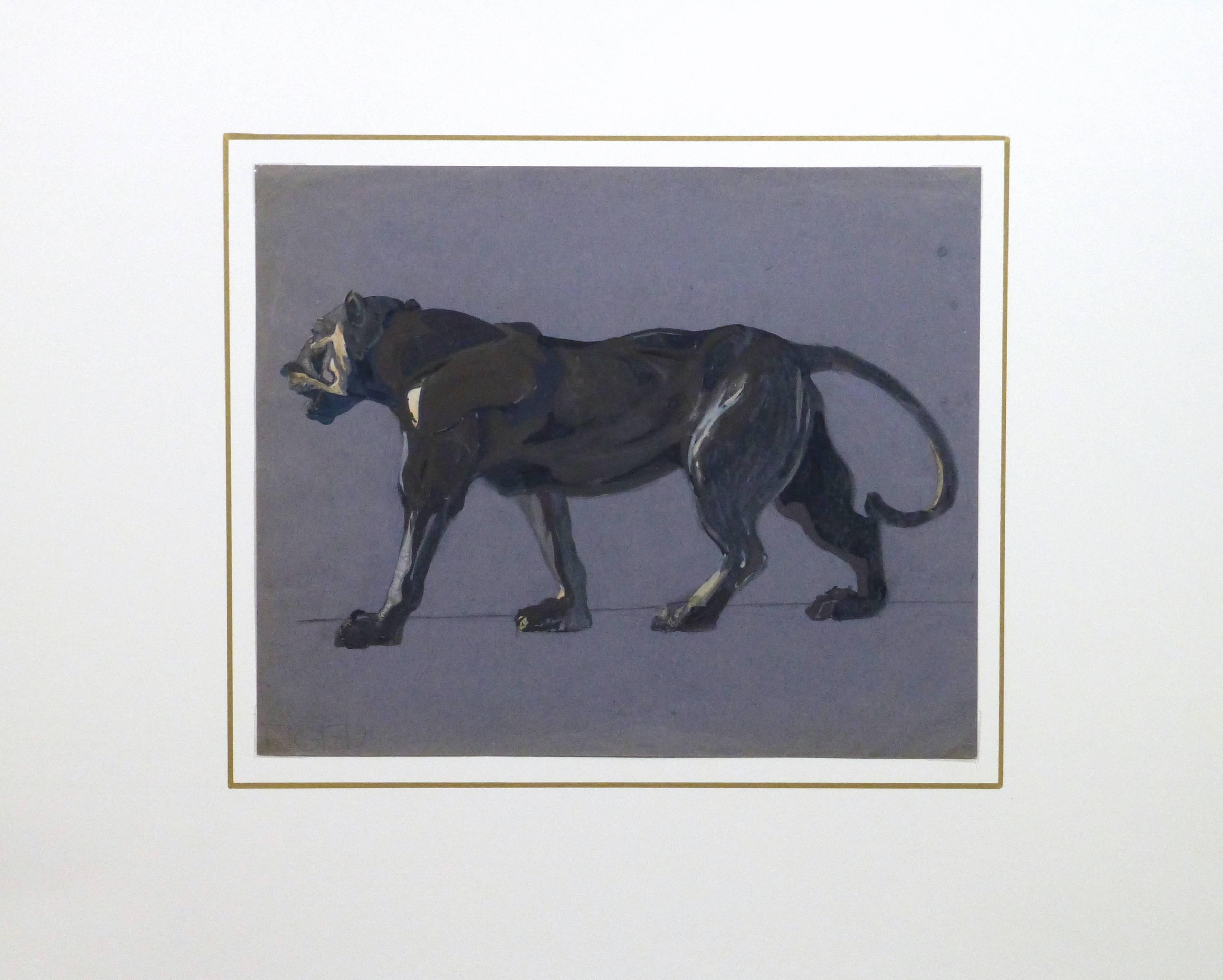 Handsome tempera painting on blue paper of a muscular great cat in the shadows by Frey, circa 1920.

Original artwork on paper displayed on a white mat with a gold border. Archival plastic sleeve and Certificate of Authenticity included. Artwork,