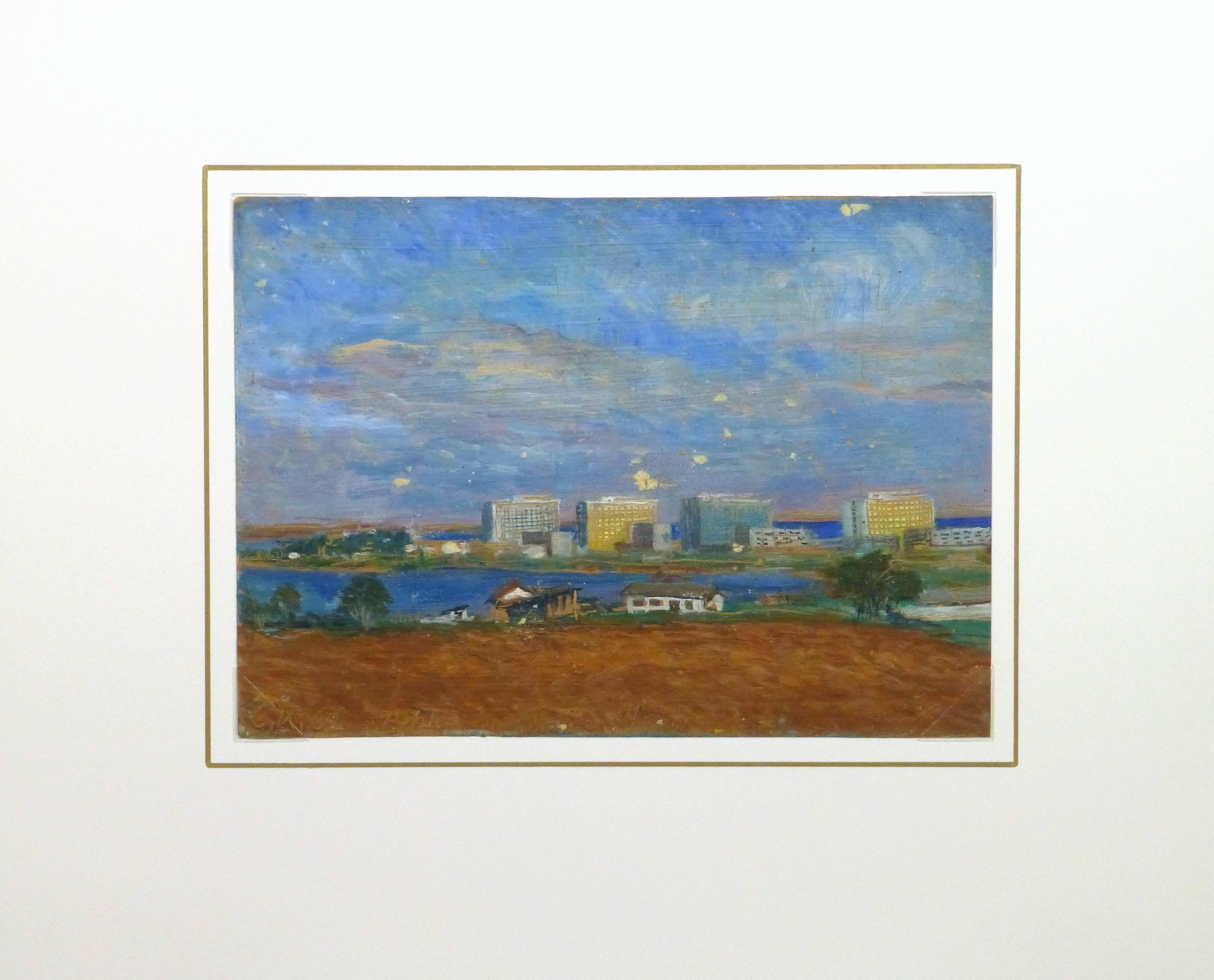 English painting on canvas paper of high rise buildings lining the shores of a small island, 1962. Signed and dated lower left.

Original artwork on paper displayed on a white mat with a gold border. Archival plastic sleeve and Certificate of