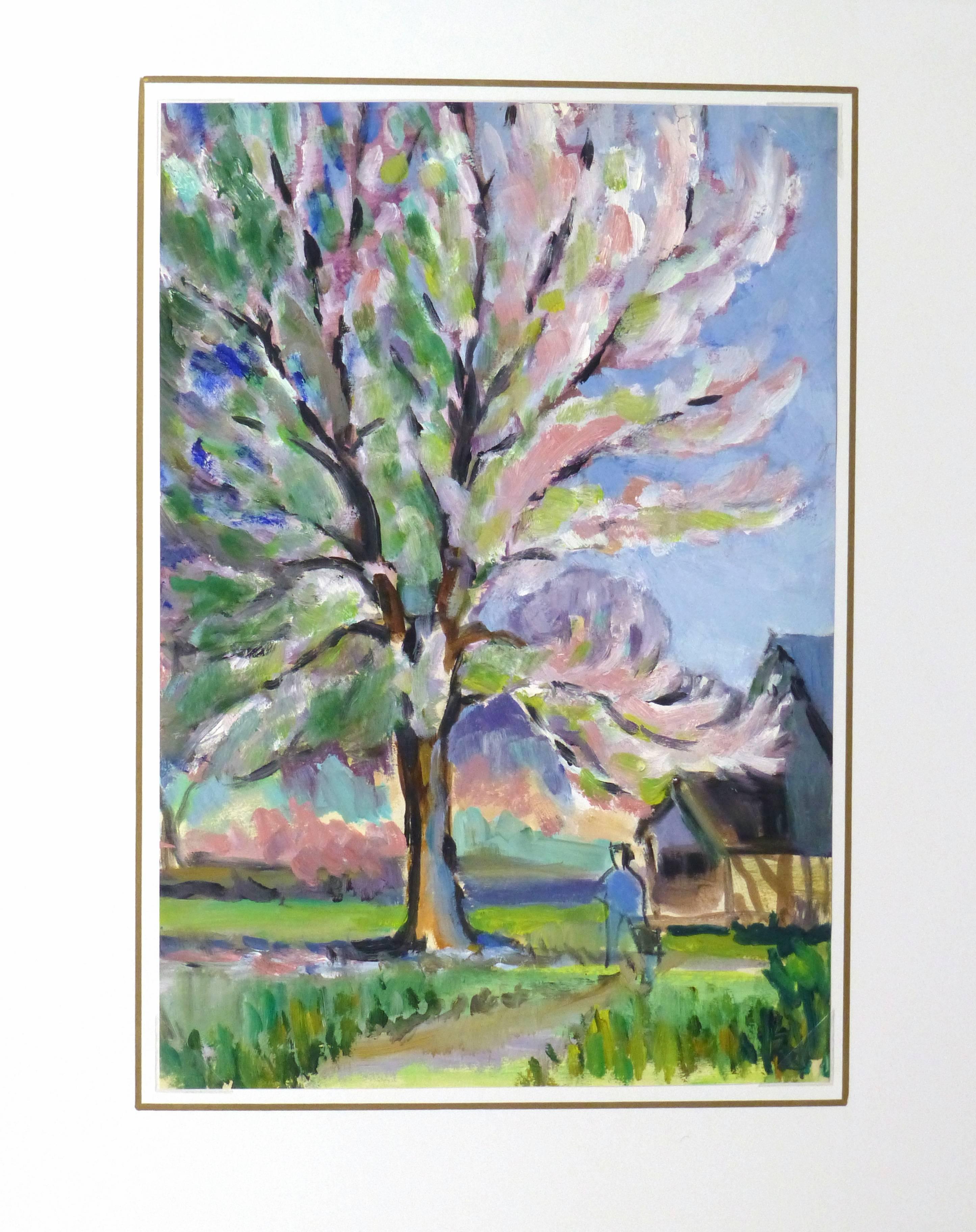Cheerful and bright landscape painting of a blooming cherry tree bordering a path by English artist Tae, circa 1960. 

Original artwork on paper displayed on a white mat with a gold border. Archival plastic sleeve and Certificate of Authenticity