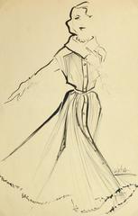Unknown - Vintage Gouache Fashion Sketch - Pink Day Dress For Sale at
