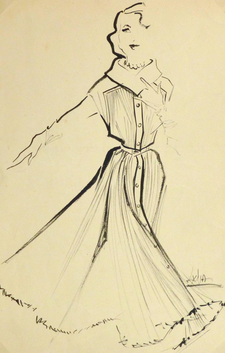 Unknown - Vintage Fashion Sketch - Pleated Dress For Sale at 1stdibs