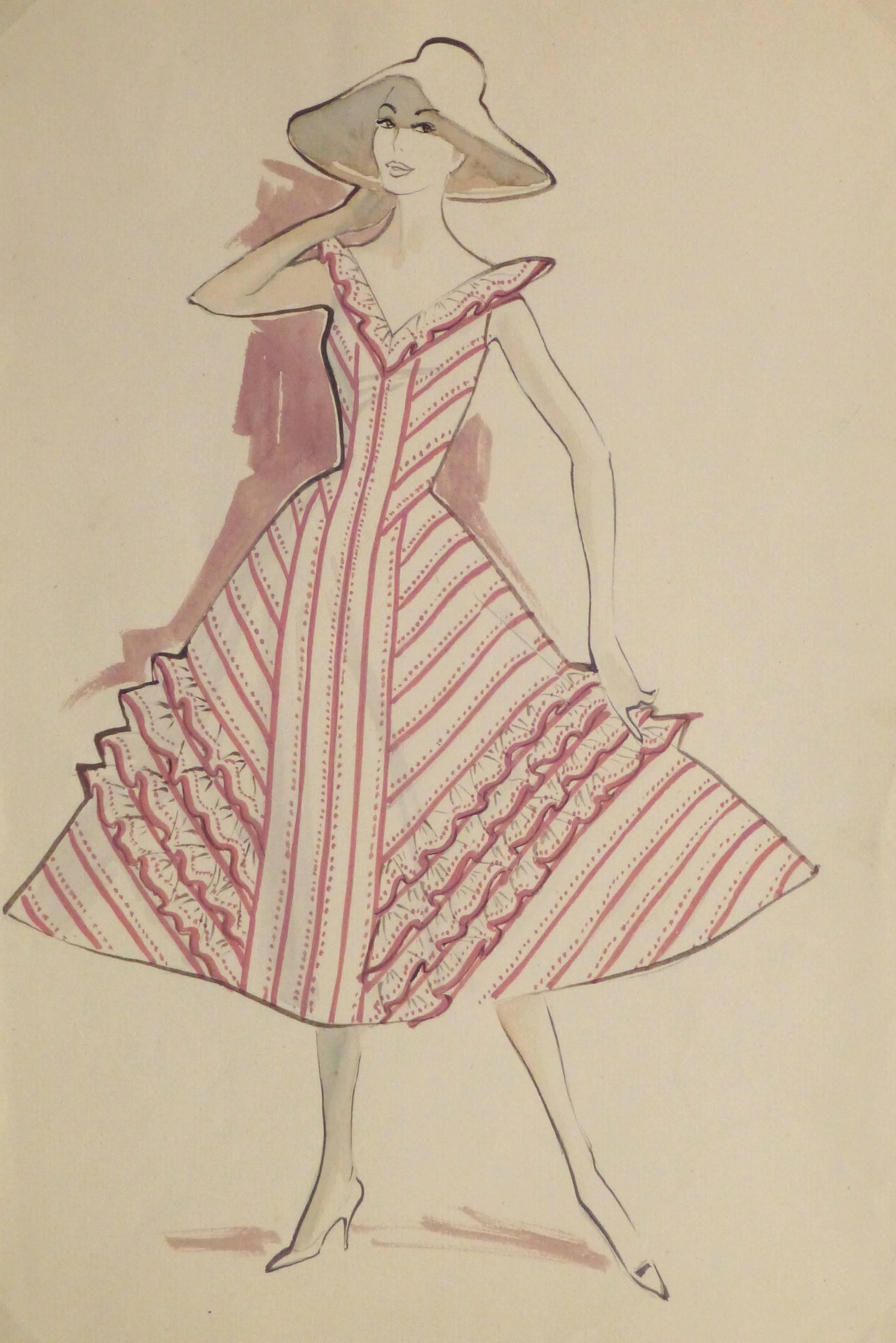 Unknown Figurative Art - Vintage Fashion Sketch - Pink Summer Dress