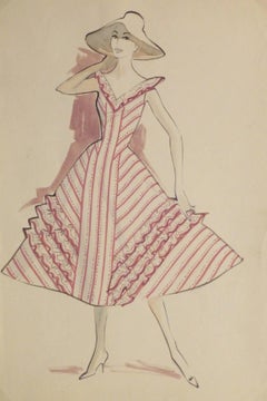 Vintage Fashion Sketch - Pink Summer Dress